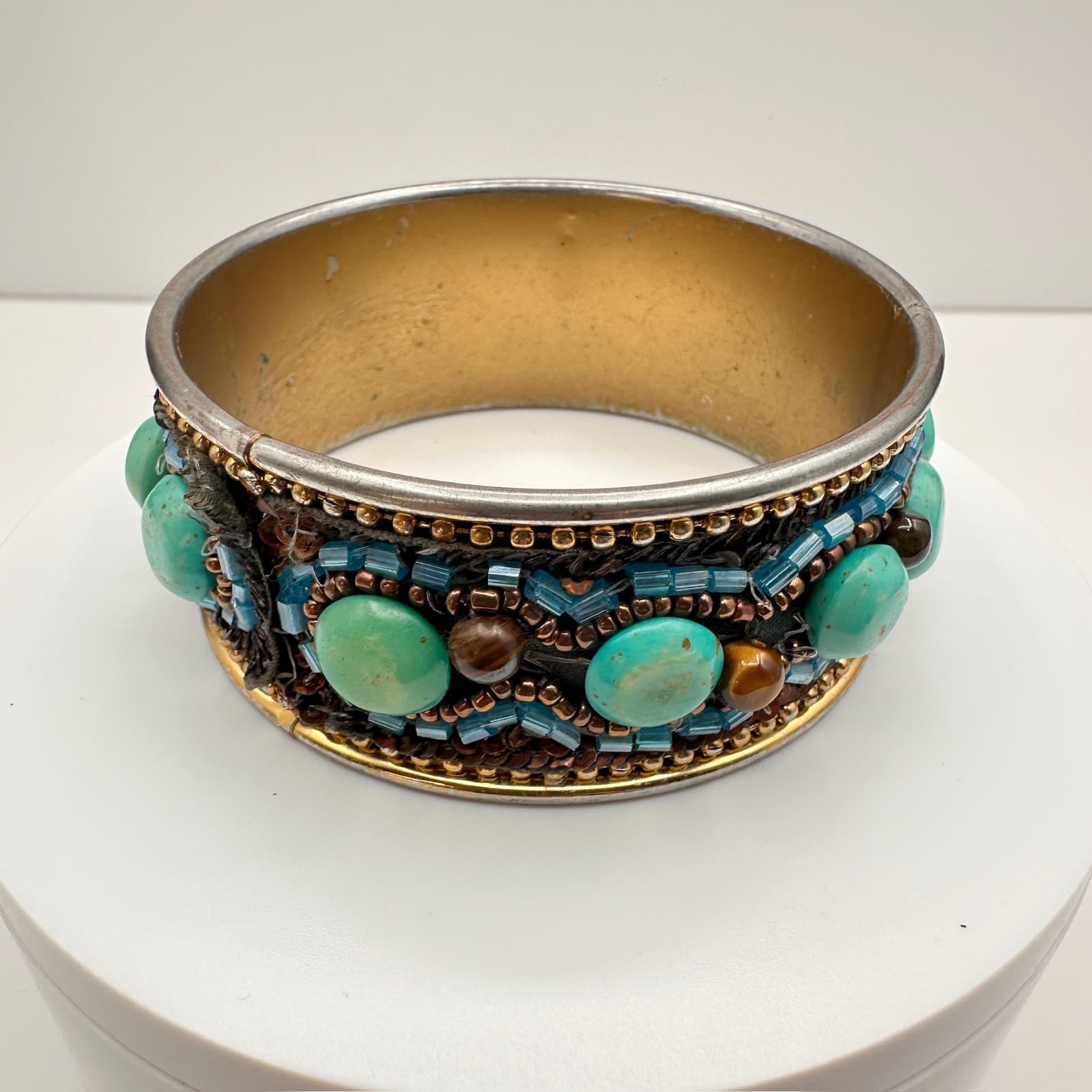 Vintage 90s Mixed Media Bangle Bracelet Turquoise Tiger Eye Glass Beaded Boho - Image 1