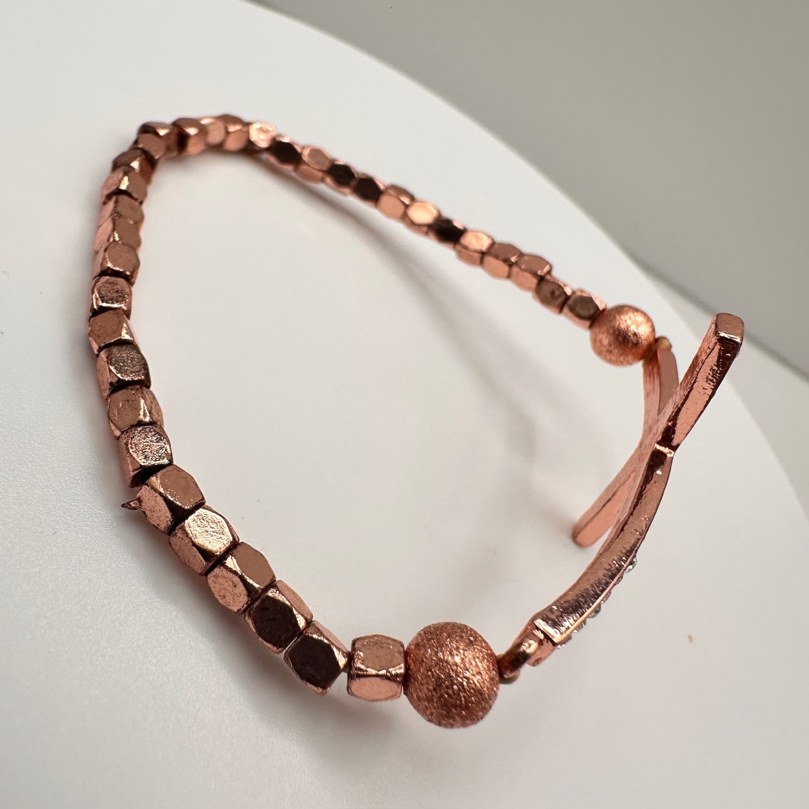 Vintage Y2K Rose Gold Tone Sideways Cross Bracelet Clear Rhinestone Beaded - Thumbnail 5