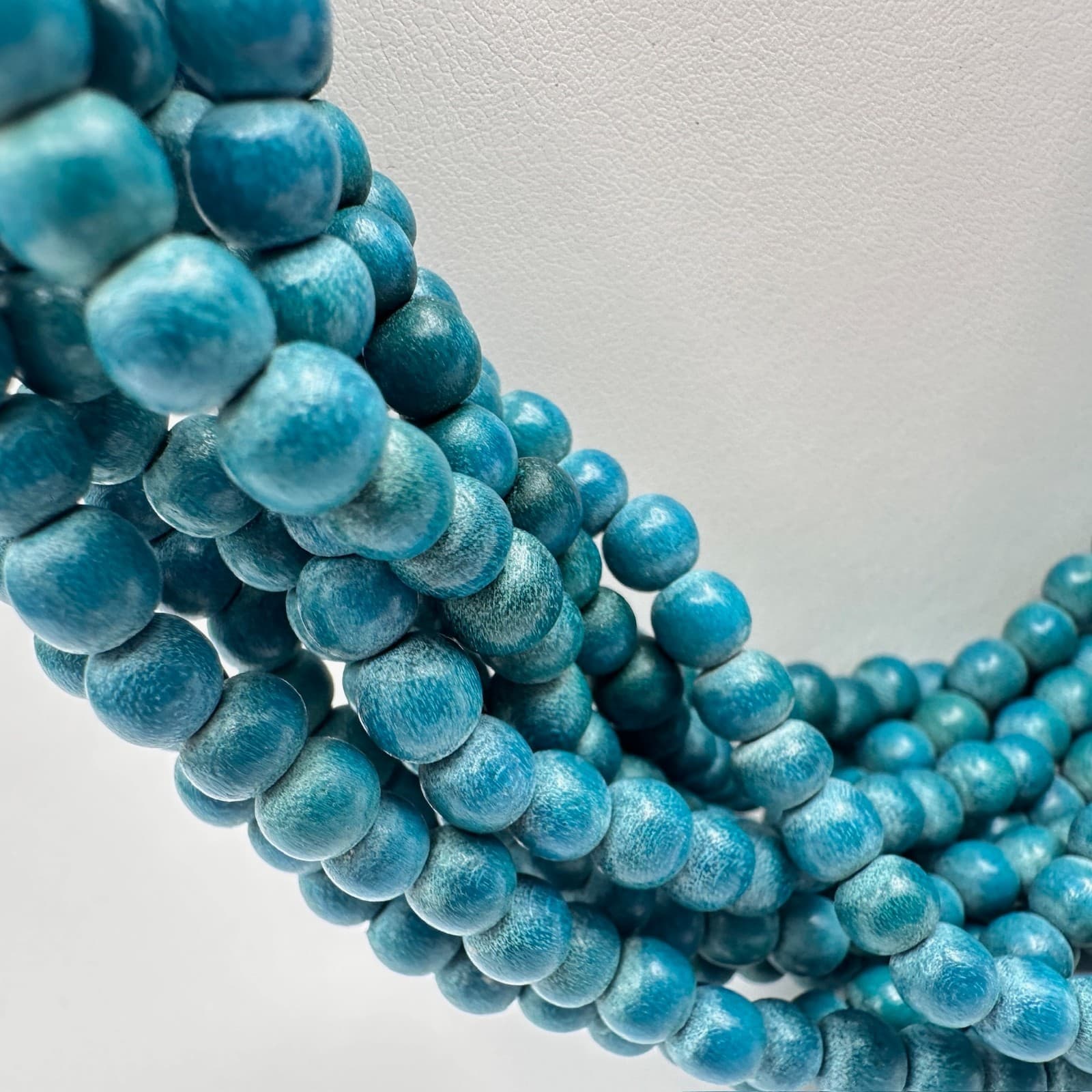 Vintage 80s Blue Wood Bead Multi Strand Statement Necklace Jewelry - Thumbnail 6