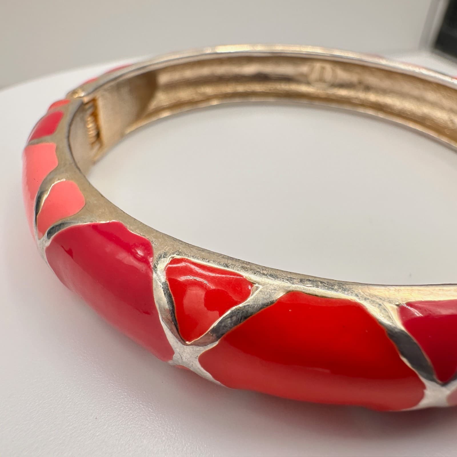 Vintage Y2K Pink & Red Enamel Bracelet Silver Tone Geometric Statement Jewelry - Thumbnail 5