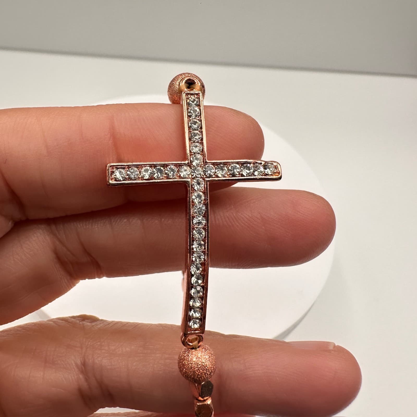 Vintage Y2K Rose Gold Tone Sideways Cross Bracelet Clear Rhinestone Beaded - Thumbnail 9