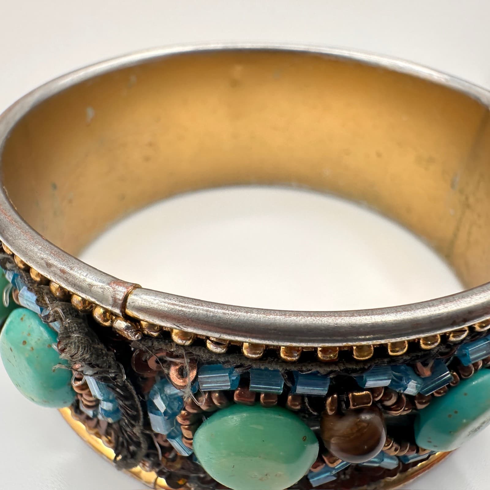 Vintage 90s Mixed Media Bangle Bracelet Turquoise Tiger Eye Glass Beaded Boho - Thumbnail 7