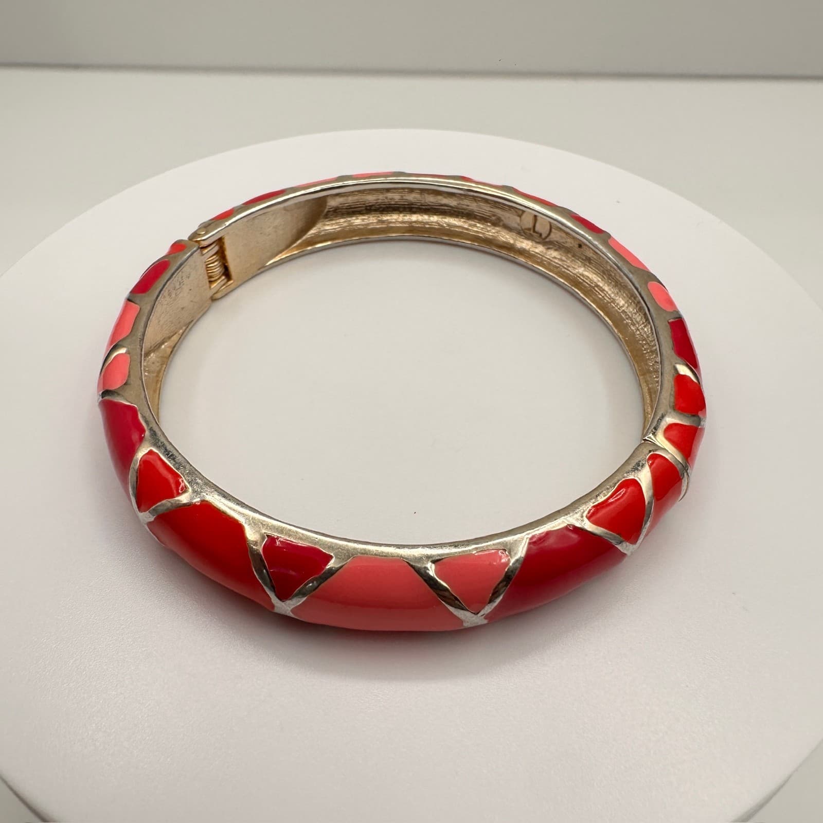 Vintage Y2K Pink & Red Enamel Bracelet Silver Tone Geometric Statement Jewelry - Image 1