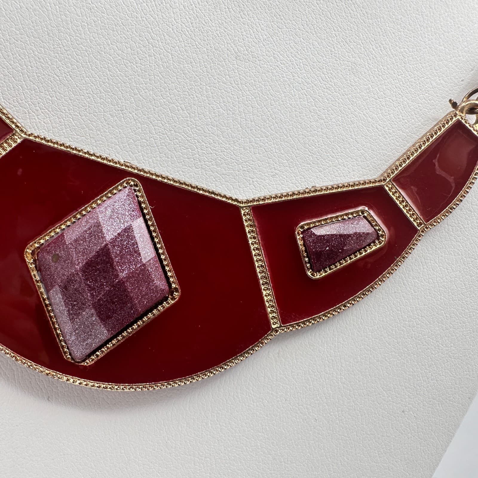 Vintage 90s Statement Bib Necklace Red Geometric Faceted Stones Fashion Jewelry - Thumbnail 8