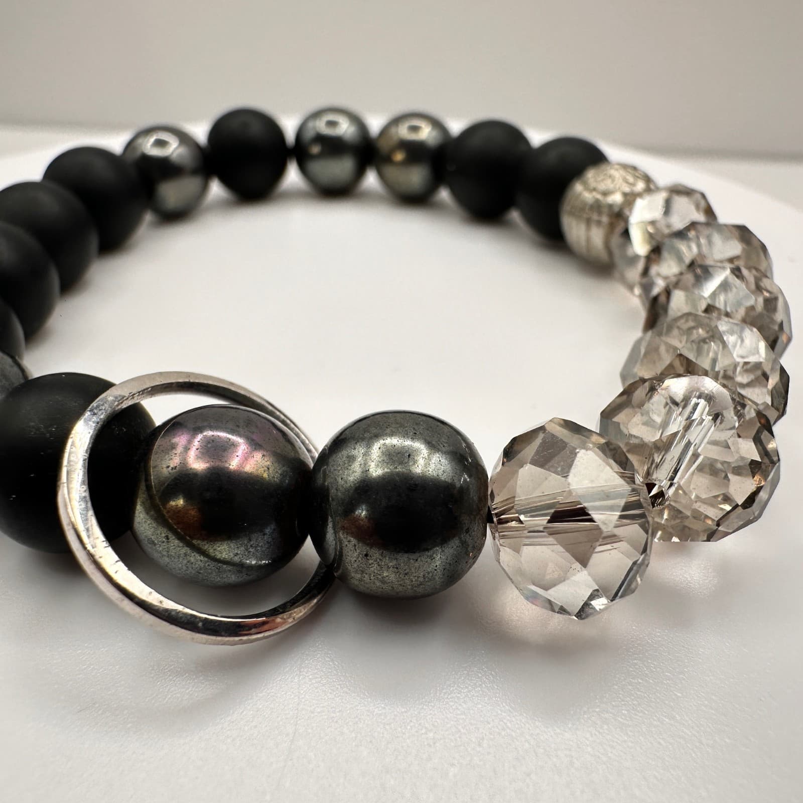 Vintage 80s Black Onyx Hematite Smoky Quartz Beaded Stretch Bracelet Boho - Thumbnail 5