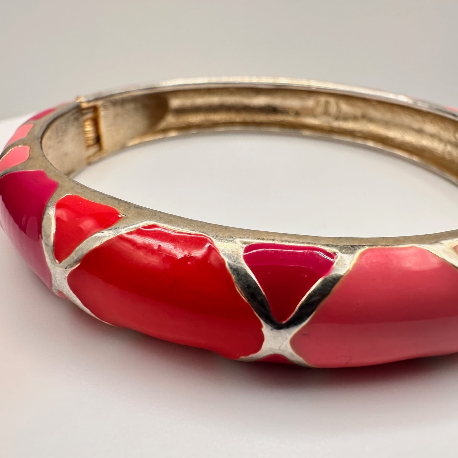 Vintage Y2K Pink & Red Enamel Bracelet Silver Tone Geometric Statement Jewelry - Thumbnail 3