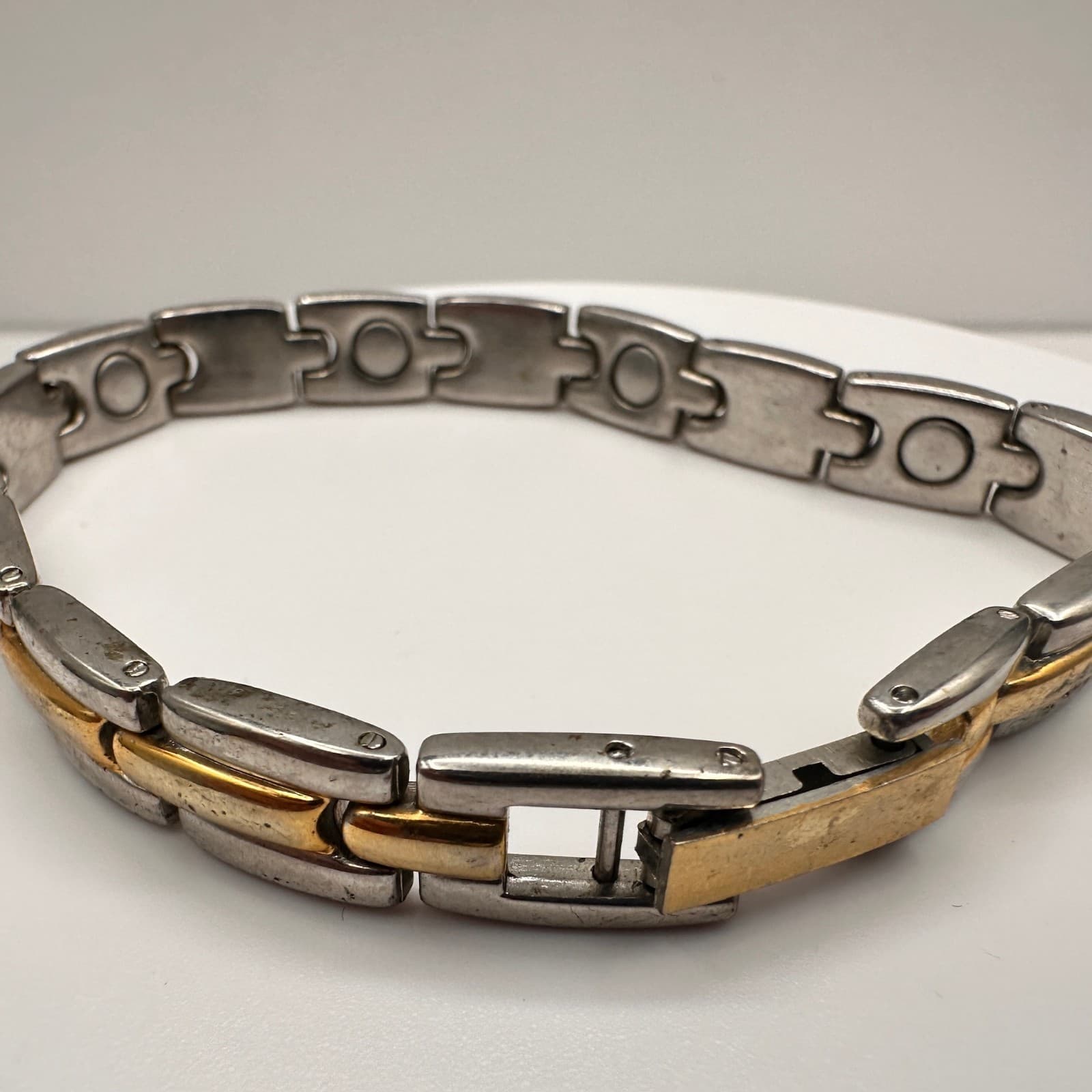 Vintage 80s Magnetic Therapy Bracelet Silver & Gold Tone Link Statement Mens - Thumbnail 8