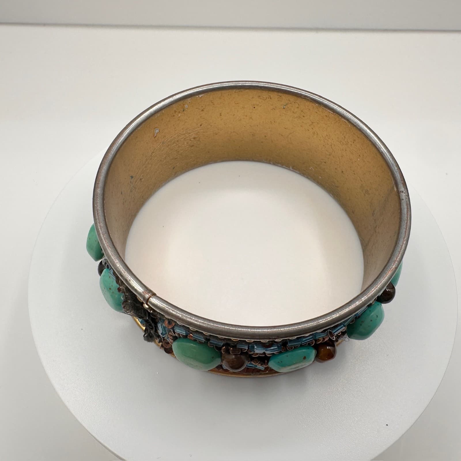 Vintage 90s Mixed Media Bangle Bracelet Turquoise Tiger Eye Glass Beaded Boho - Thumbnail 9