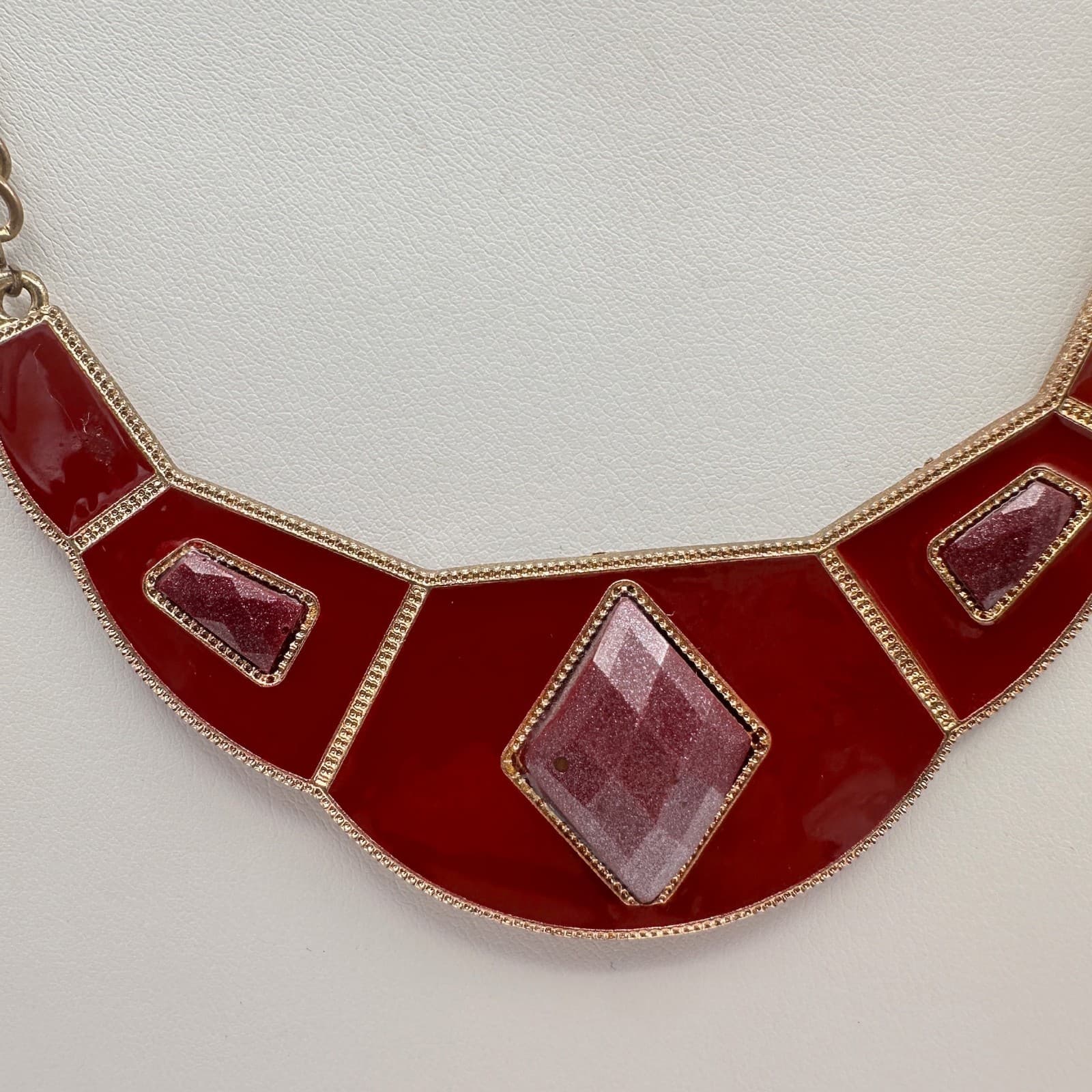 Vintage 90s Statement Bib Necklace Red Geometric Faceted Stones Fashion Jewelry - Thumbnail 3