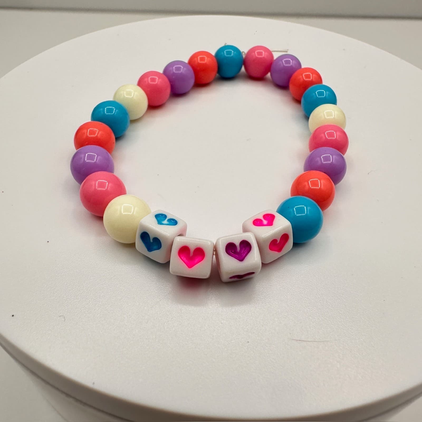 Vintage Y2K 90s Handmade Beaded Bracelet Heart Charm Cube Beads Kandi Jewelry - Thumbnail 2