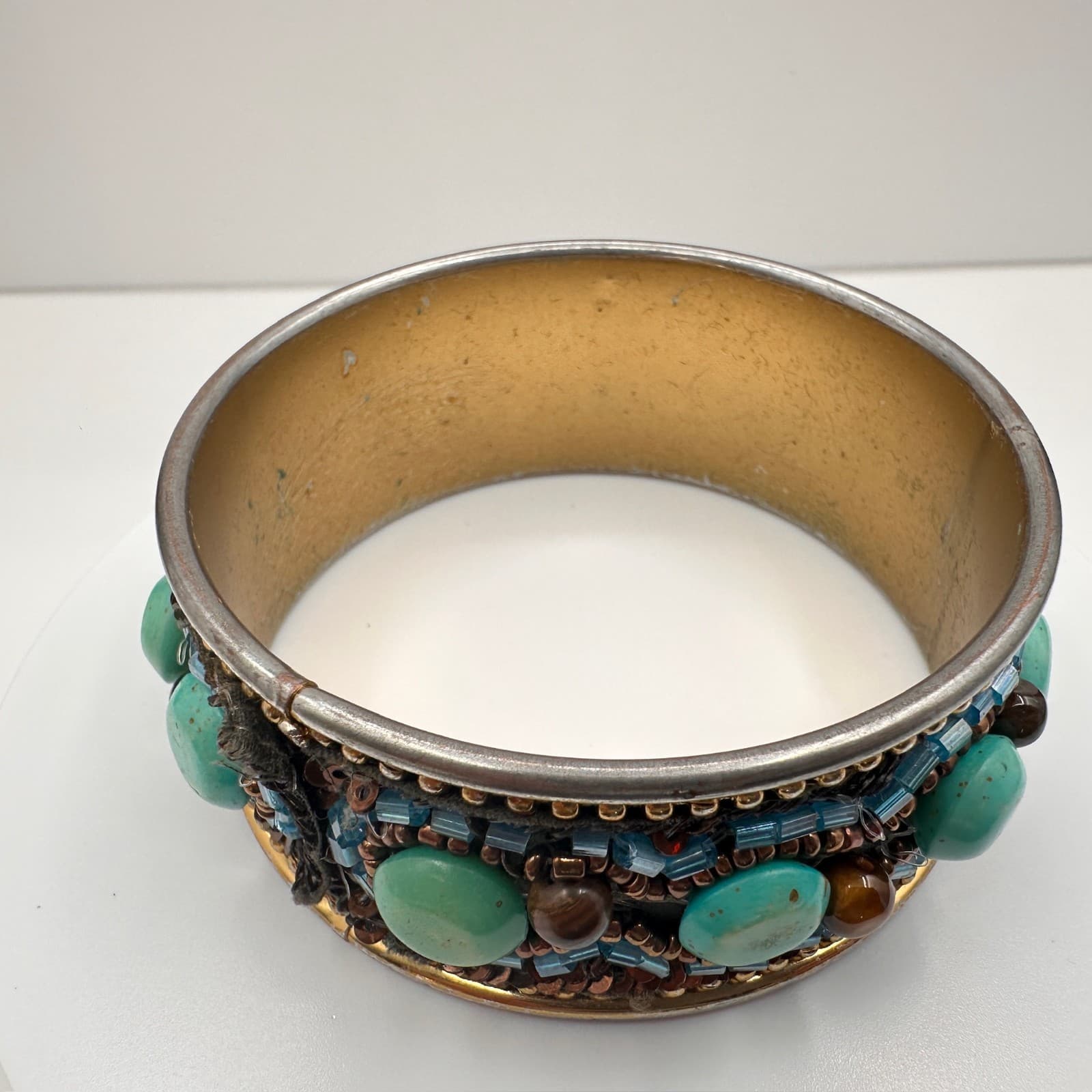 Vintage 90s Mixed Media Bangle Bracelet Turquoise Tiger Eye Glass Beaded Boho - Thumbnail 6