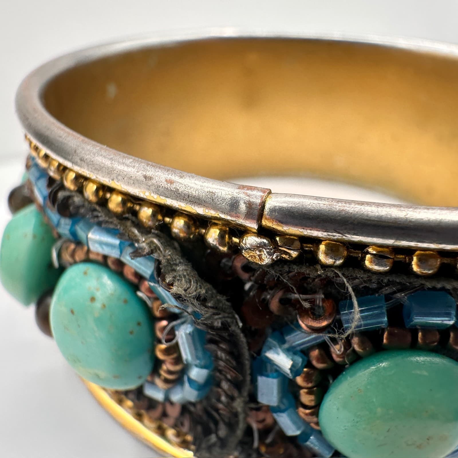 Vintage 90s Mixed Media Bangle Bracelet Turquoise Tiger Eye Glass Beaded Boho - Thumbnail 8