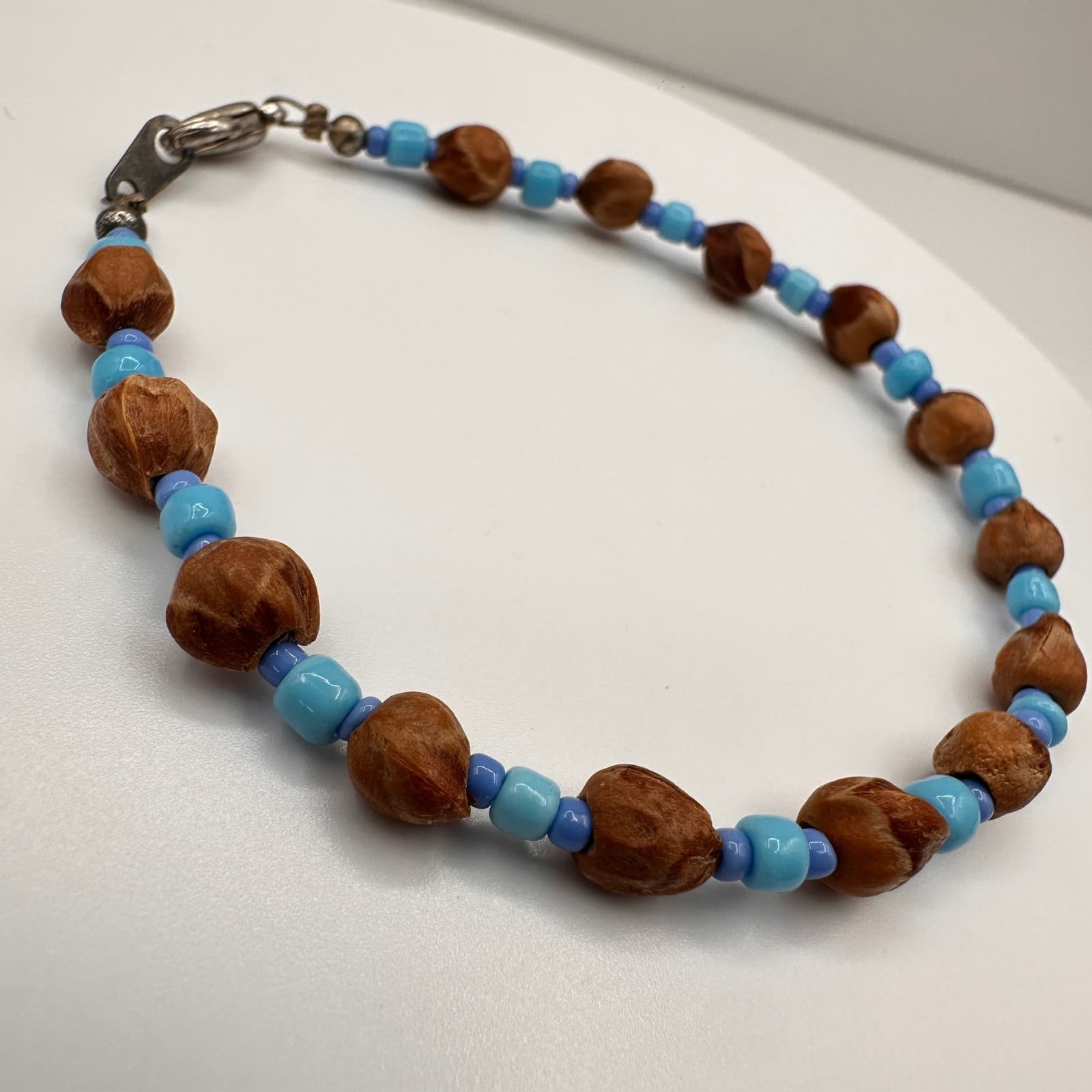 Vintage Y2K Beaded Bracelet Blue Seed Beads Brown Natural Nut Wood Boho Jewelry - Thumbnail 2