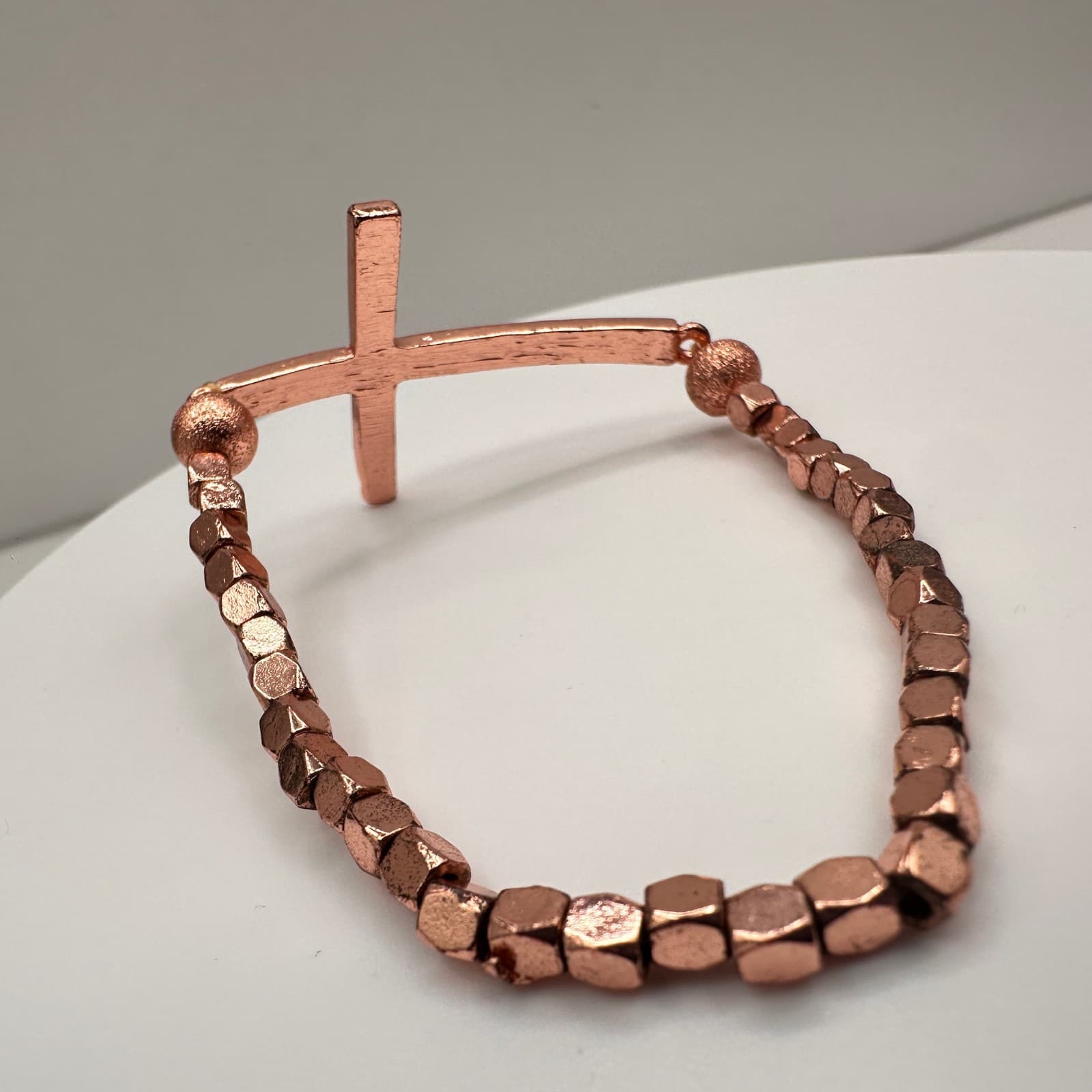 Vintage Y2K Rose Gold Tone Sideways Cross Bracelet Clear Rhinestone Beaded - Thumbnail 6