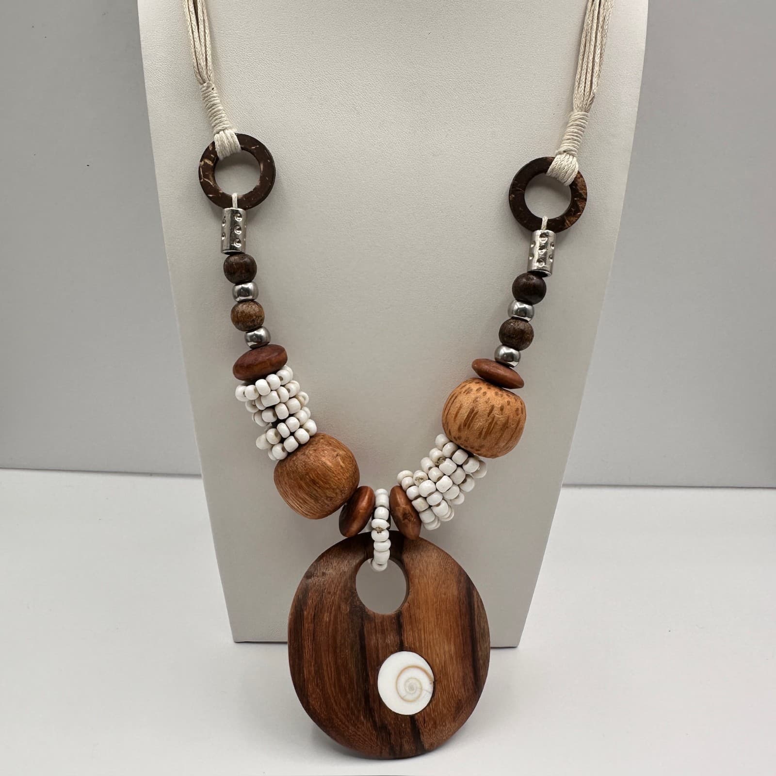 Vintage 80s Boho Wood Bead Statement Pendant Necklace Jewelry Spiral Shell - Image 1