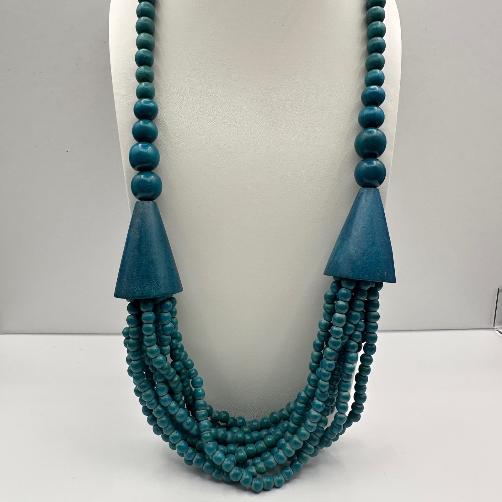 Vintage 80s Blue Wood Bead Multi Strand Statement Necklace Jewelry - Thumbnail 11