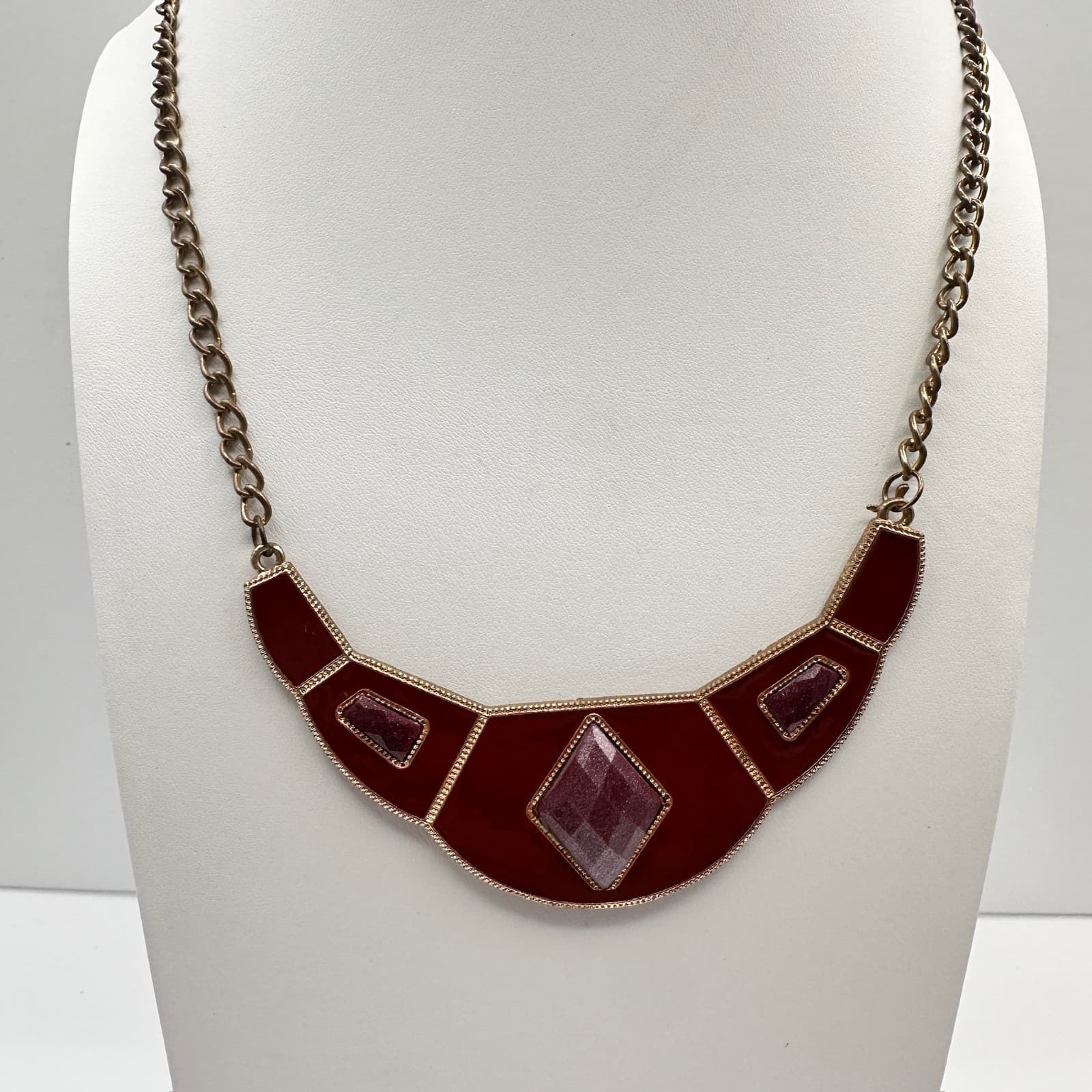 Vintage 90s Statement Bib Necklace Red Geometric Faceted Stones Fashion Jewelry - Thumbnail 2