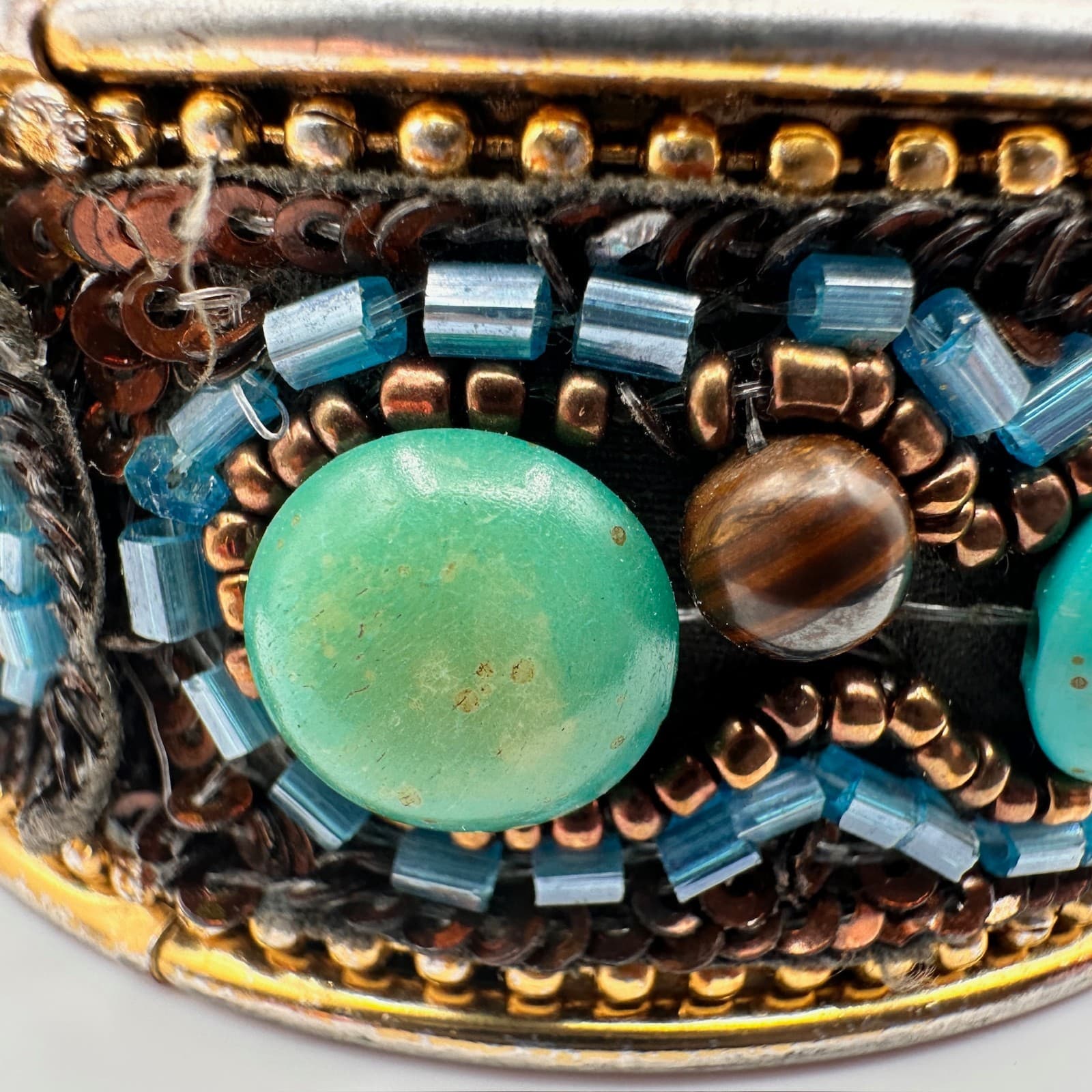 Vintage 90s Mixed Media Bangle Bracelet Turquoise Tiger Eye Glass Beaded Boho - Thumbnail 4