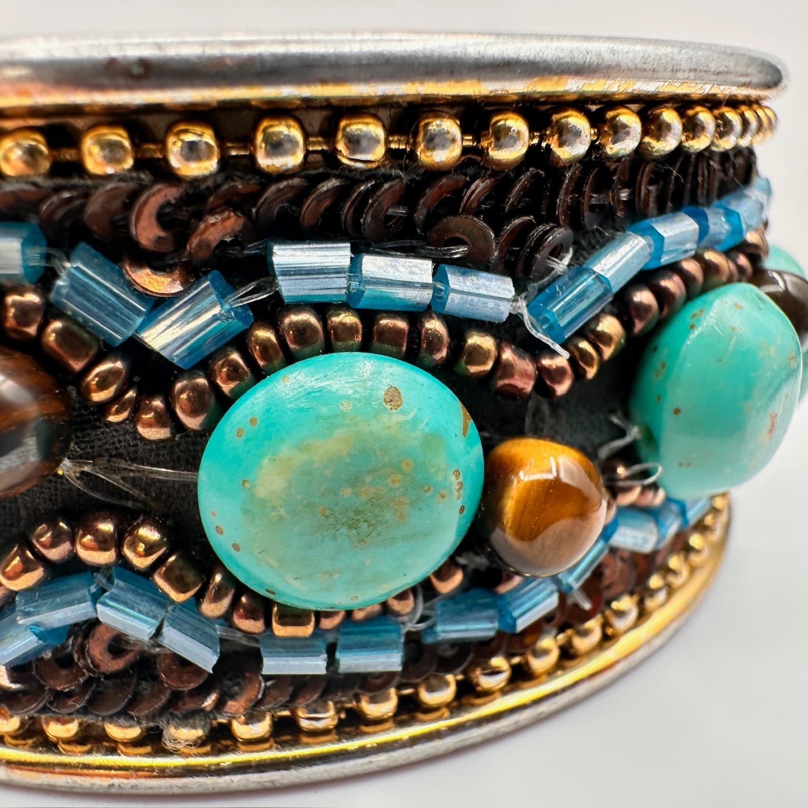 Vintage 90s Mixed Media Bangle Bracelet Turquoise Tiger Eye Glass Beaded Boho - Thumbnail 5