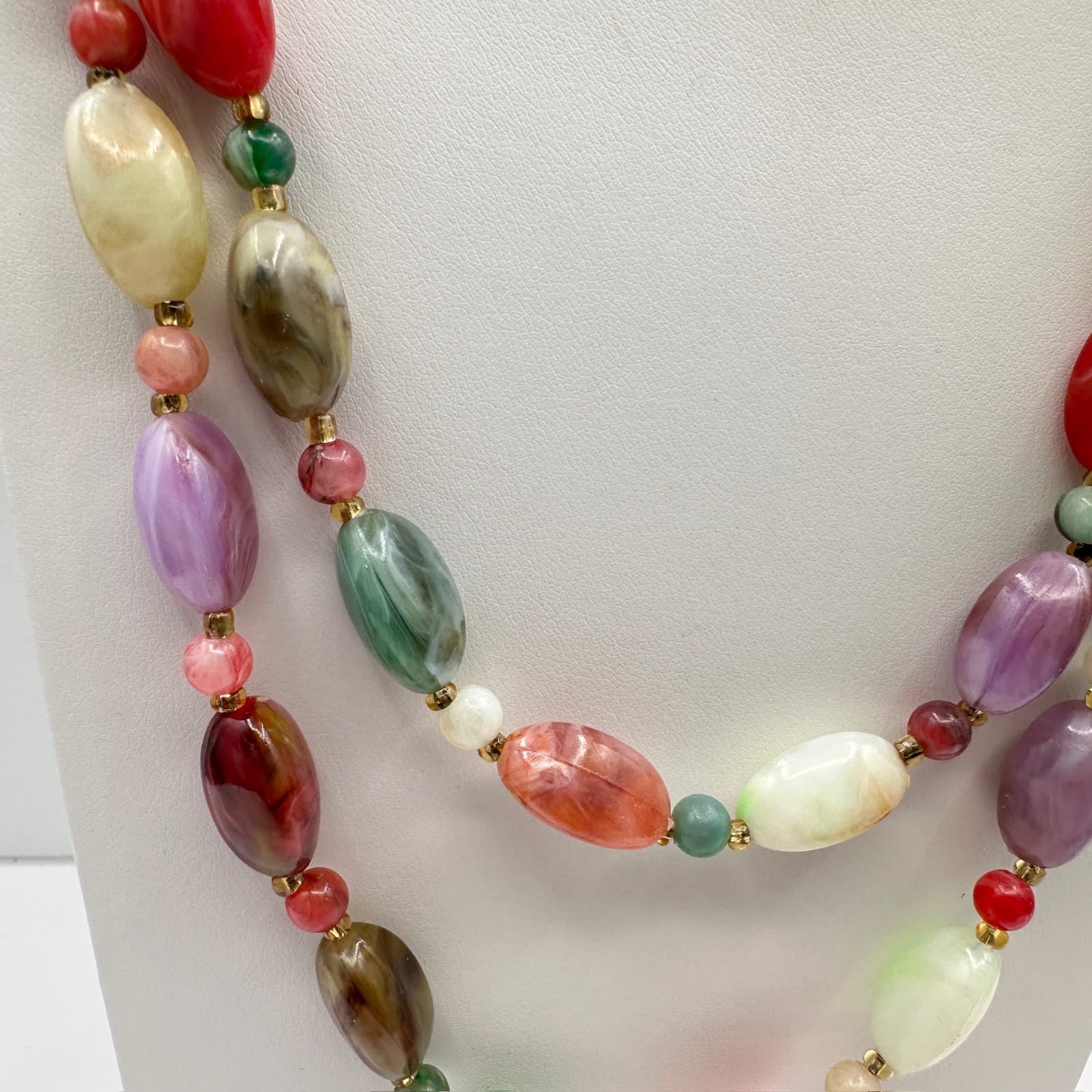 Vintage 80s Marbled Bead Double Strand Fashion Necklace Statement Jewelry - Thumbnail 3