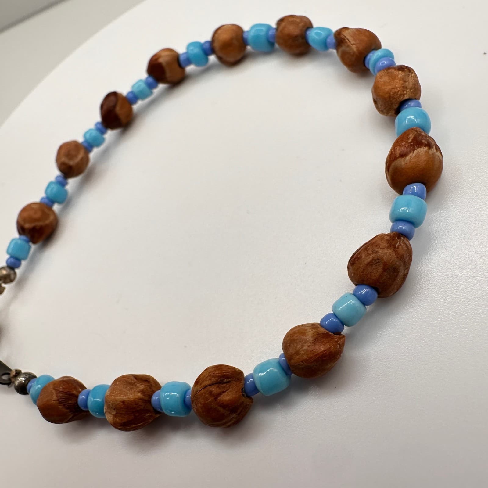 Vintage Y2K Beaded Bracelet Blue Seed Beads Brown Natural Nut Wood Boho Jewelry - Thumbnail 5