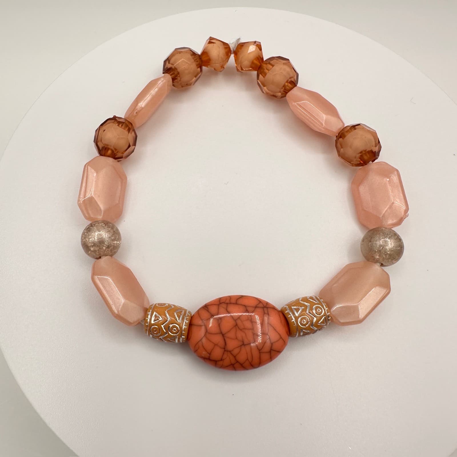 Vintage 90s Beaded Stretch Bracelet Orange Faux Turquoise Peach Glass Jewelry - Thumbnail 2