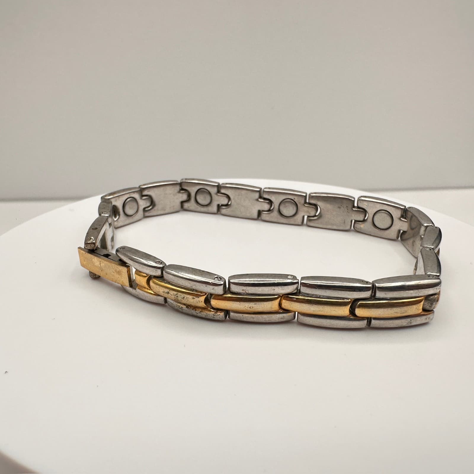 Vintage 80s Magnetic Therapy Bracelet Silver & Gold Tone Link Statement Mens - Image 1