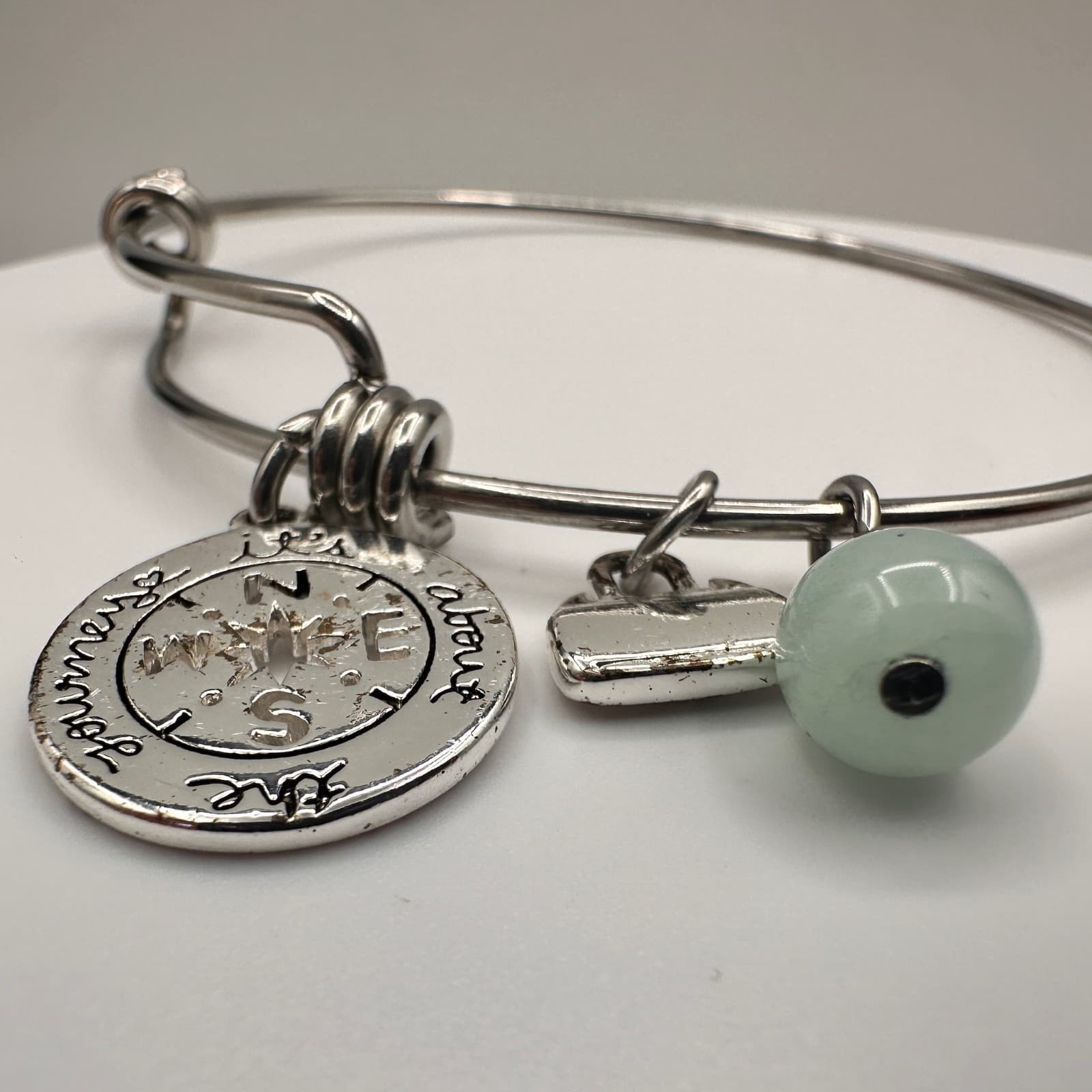 Vintage Y2K Silver Tone Charm Bracelet It’s About The Journey Green Bead Jewelry - Thumbnail 10