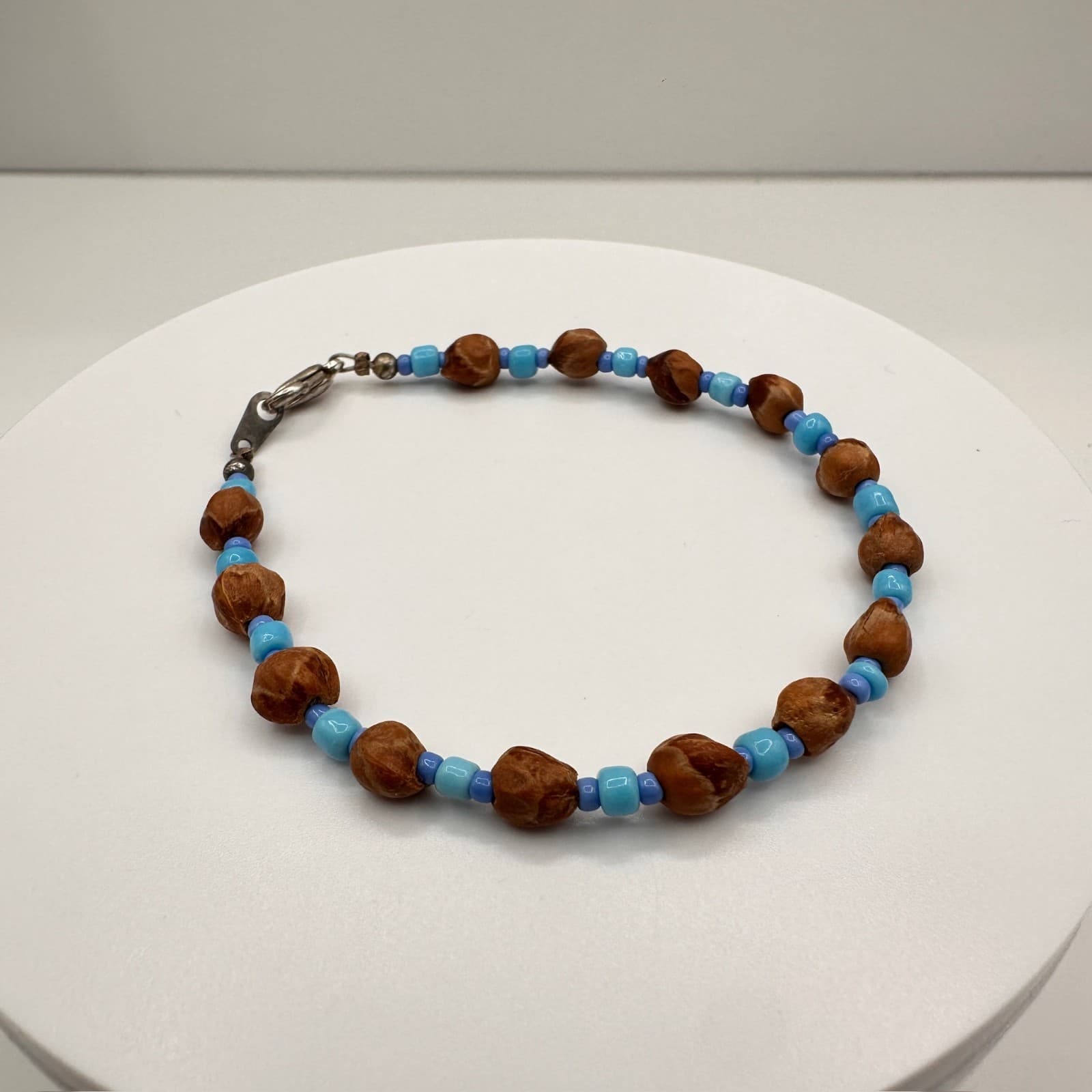 Vintage Y2K Beaded Bracelet Blue Seed Beads Brown Natural Nut Wood Boho Jewelry - Image 1