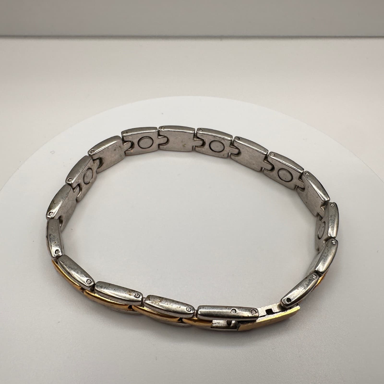 Vintage 80s Magnetic Therapy Bracelet Silver & Gold Tone Link Statement Mens - Thumbnail 9