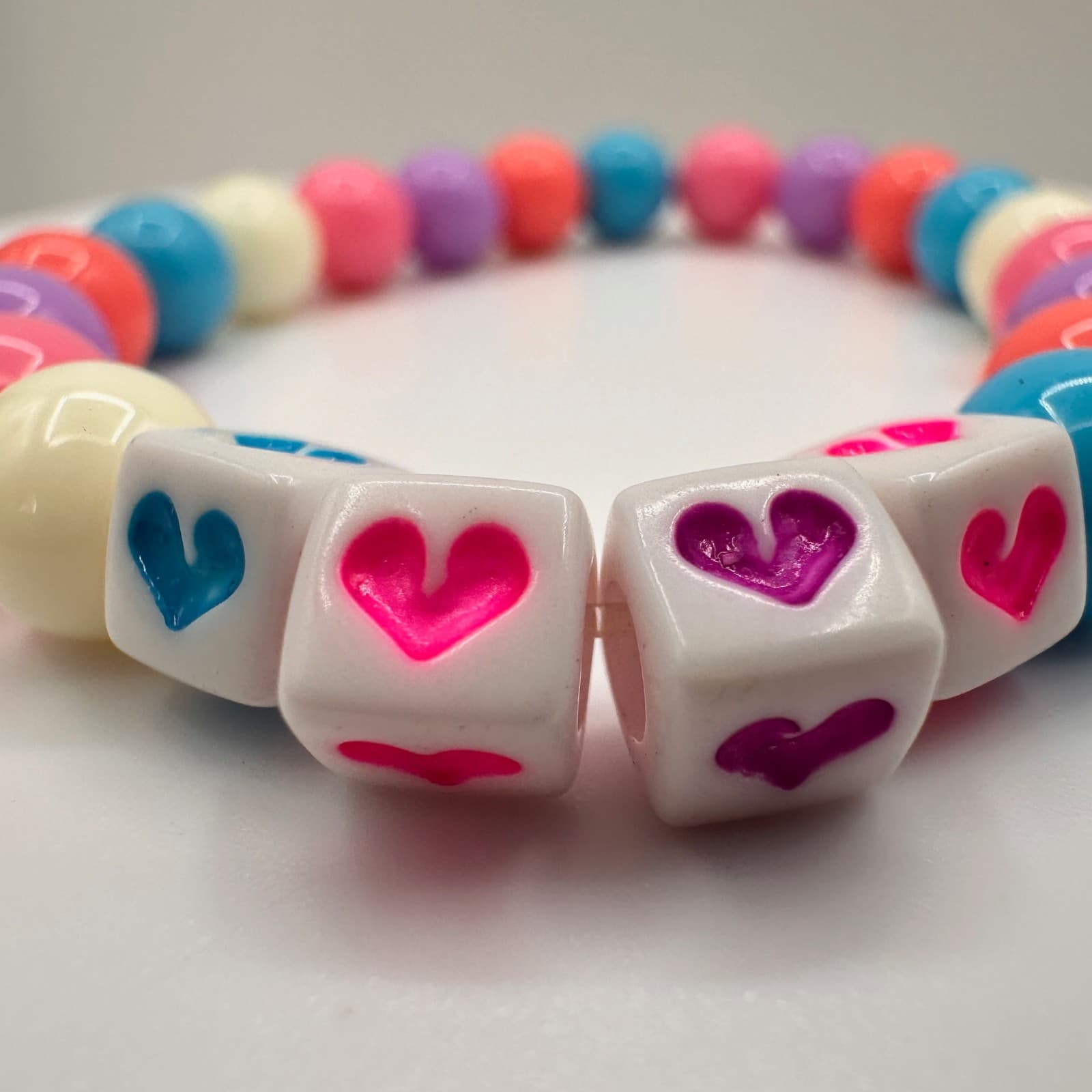 Vintage Y2K 90s Handmade Beaded Bracelet Heart Charm Cube Beads Kandi Jewelry - Thumbnail 5