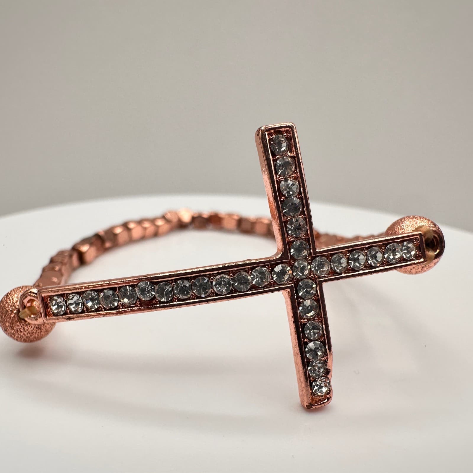 Vintage Y2K Rose Gold Tone Sideways Cross Bracelet Clear Rhinestone Beaded - Thumbnail 8