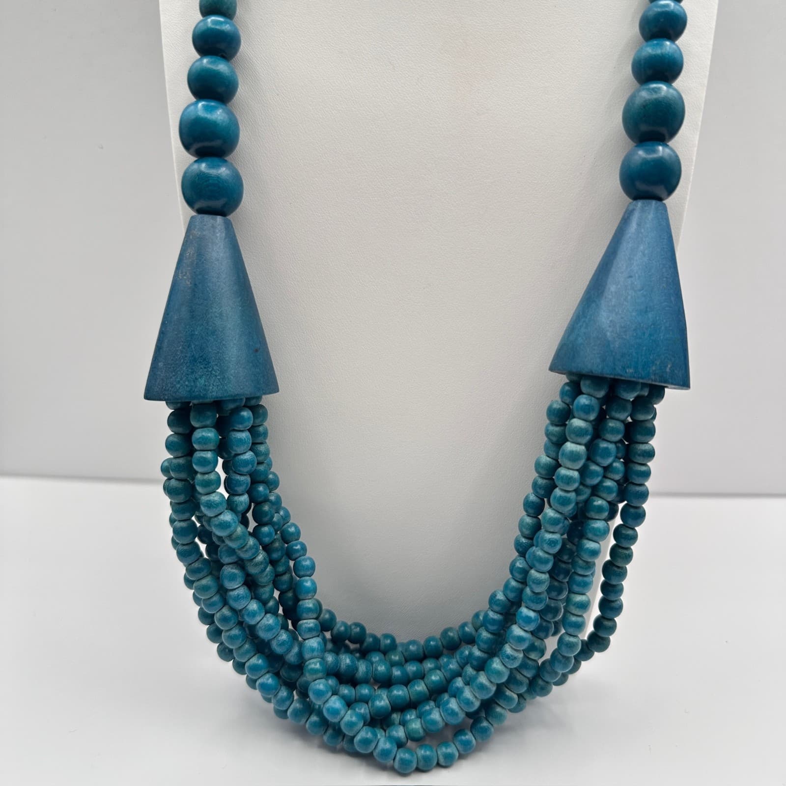 Vintage 80s Blue Wood Bead Multi Strand Statement Necklace Jewelry - Image 1