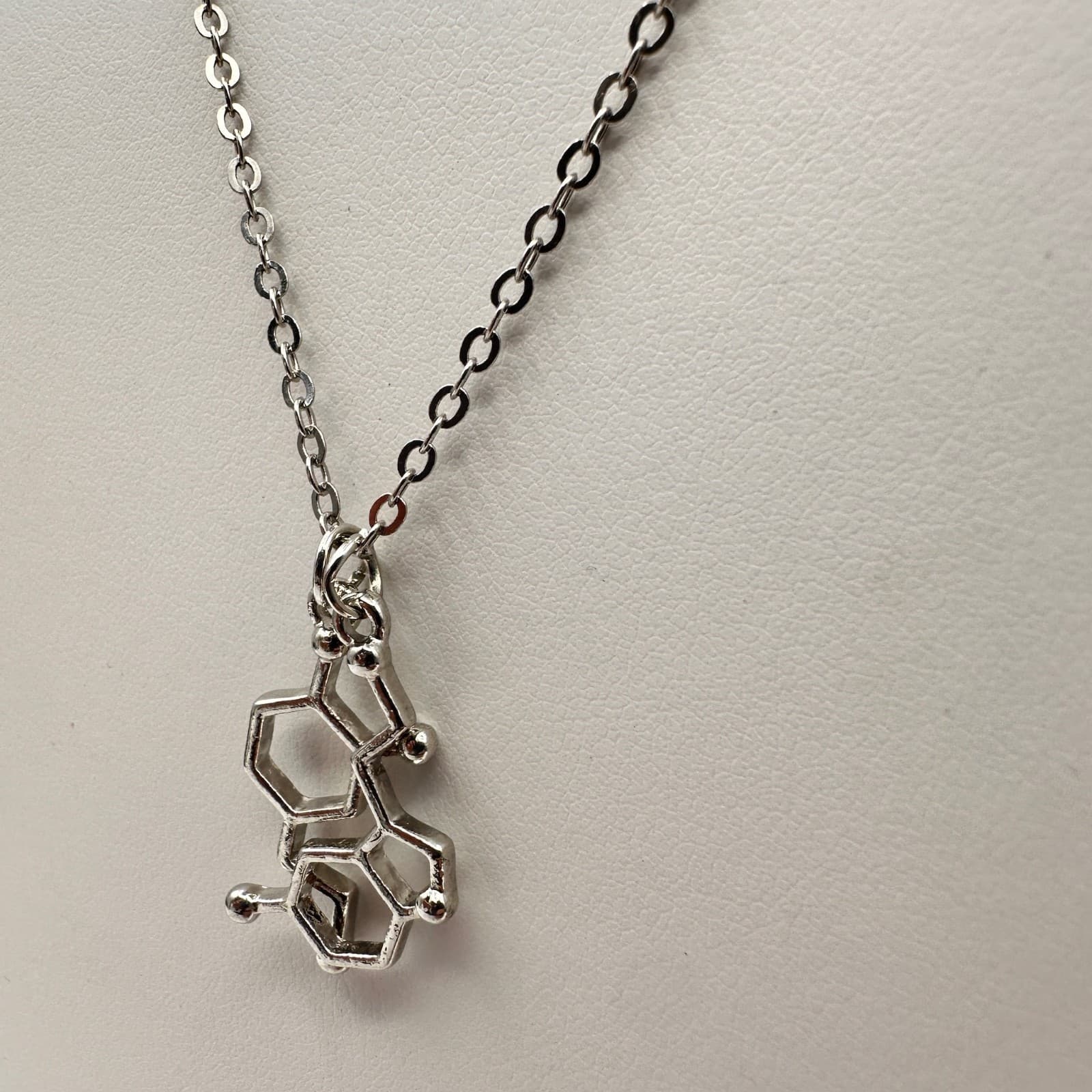 Vintage Y2K Serotonin Molecule Pendant Necklace Silver Tone Chemistry Jewelry - Thumbnail 4