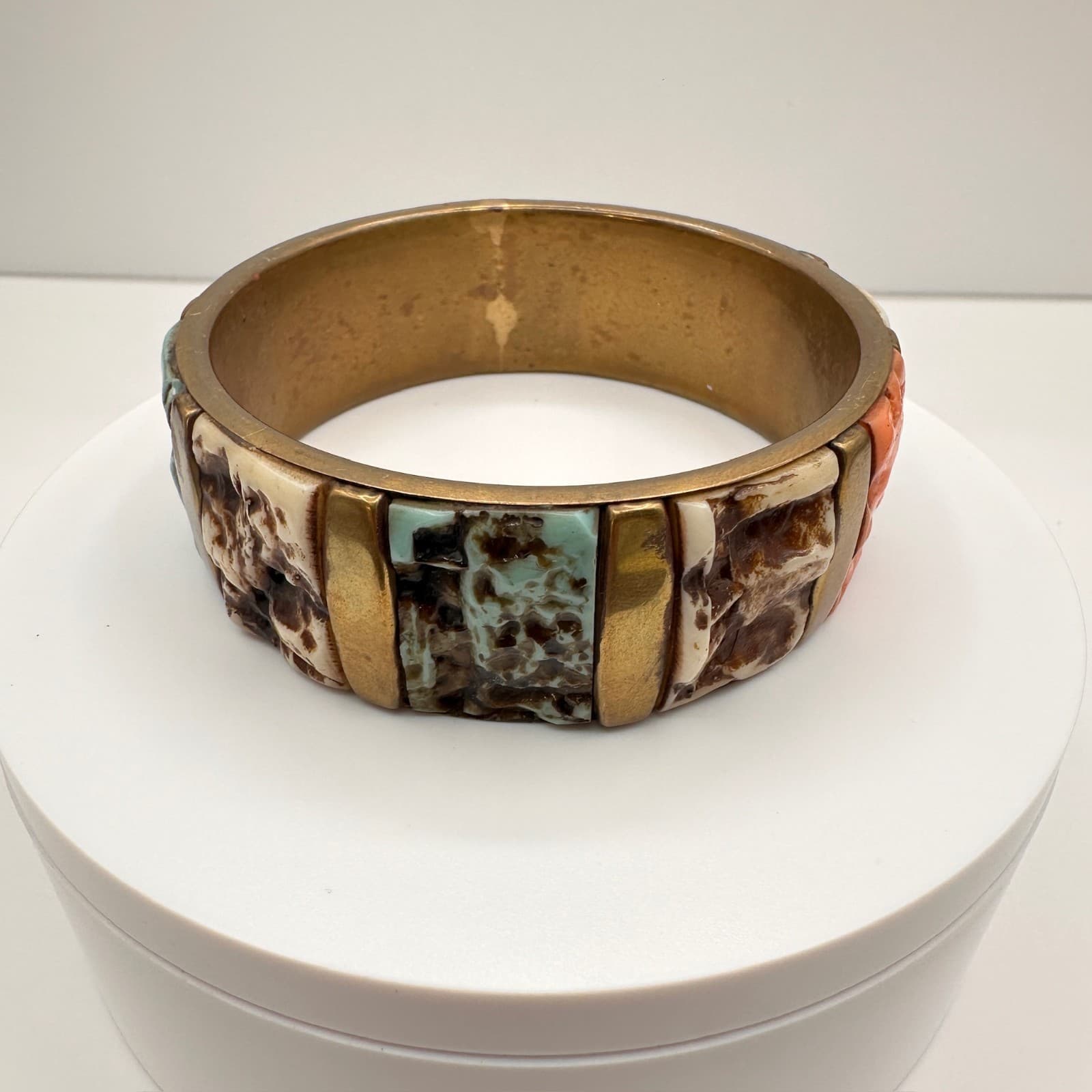 Vintage 70s 80s Brutalist Bangle Bracelet Gold Tone Faux Turquoise Coral Stone - Image 1