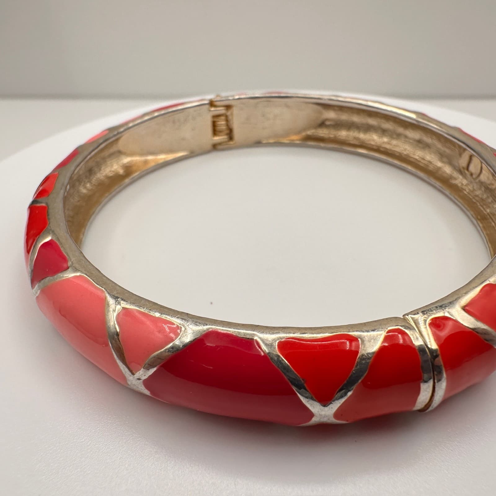 Vintage Y2K Pink & Red Enamel Bracelet Silver Tone Geometric Statement Jewelry - Thumbnail 8