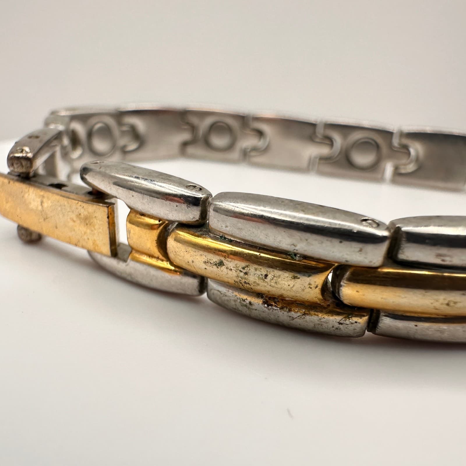 Vintage 80s Magnetic Therapy Bracelet Silver & Gold Tone Link Statement Mens - Thumbnail 4