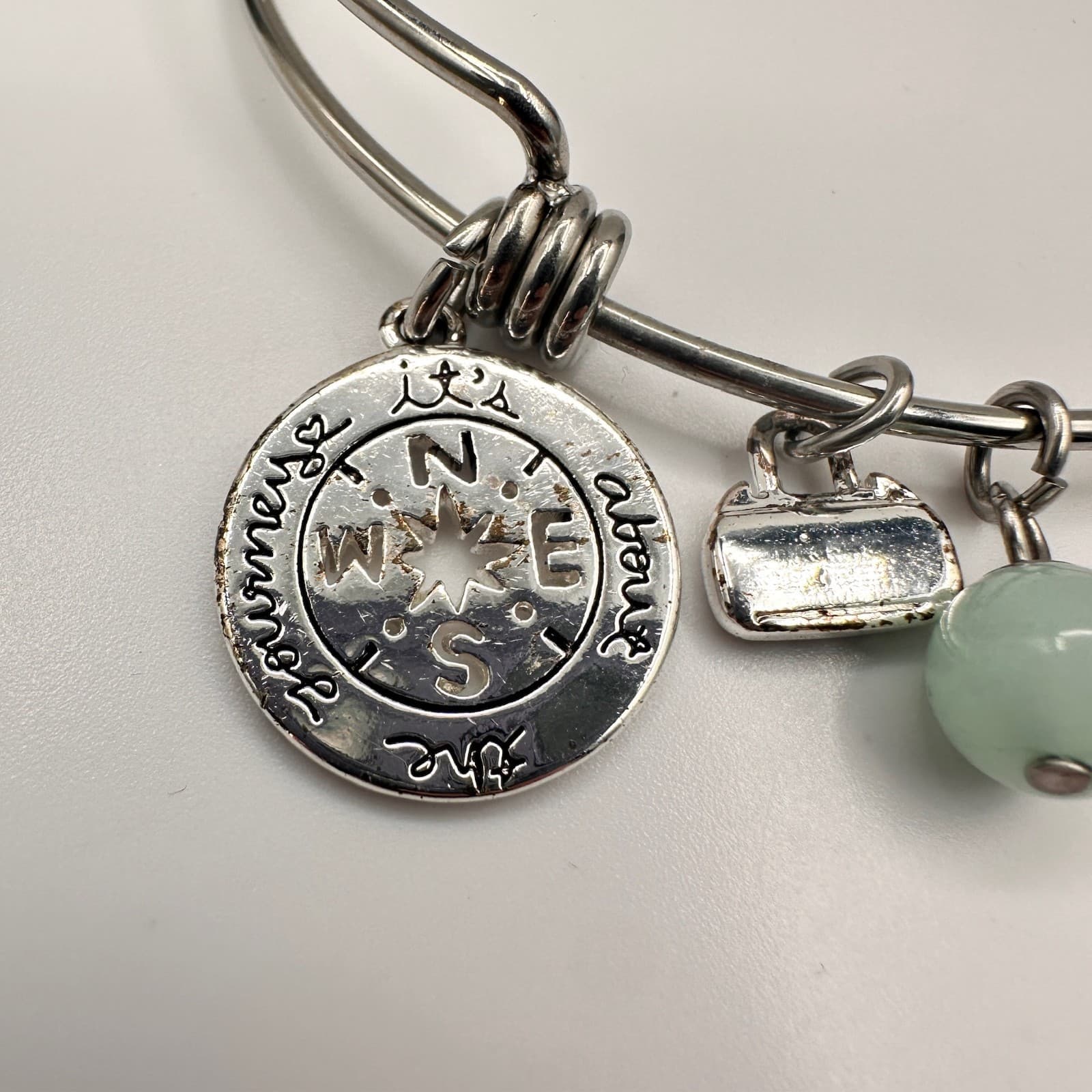 Vintage Y2K Silver Tone Charm Bracelet It’s About The Journey Green Bead Jewelry - Thumbnail 4