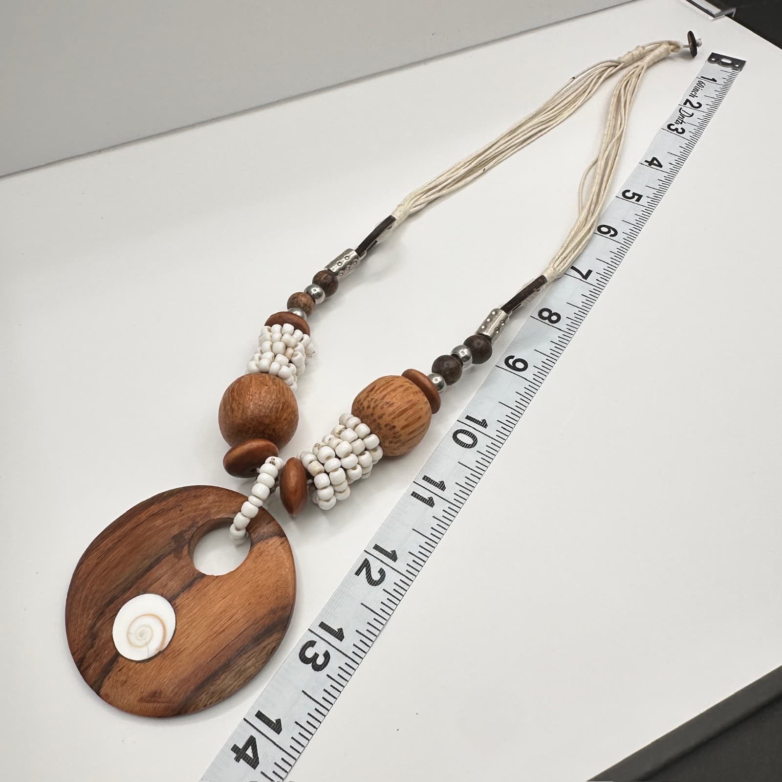 Vintage 80s Boho Wood Bead Statement Pendant Necklace Jewelry Spiral Shell - Thumbnail 17