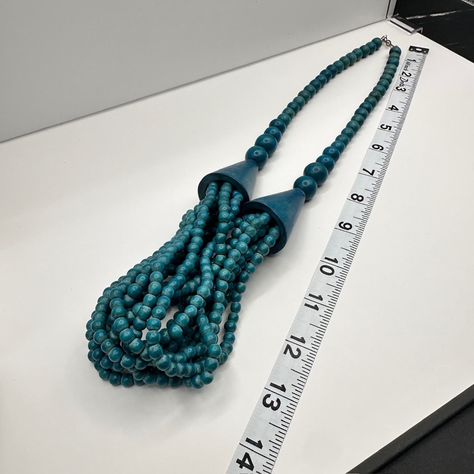 Vintage 80s Blue Wood Bead Multi Strand Statement Necklace Jewelry - Thumbnail 13