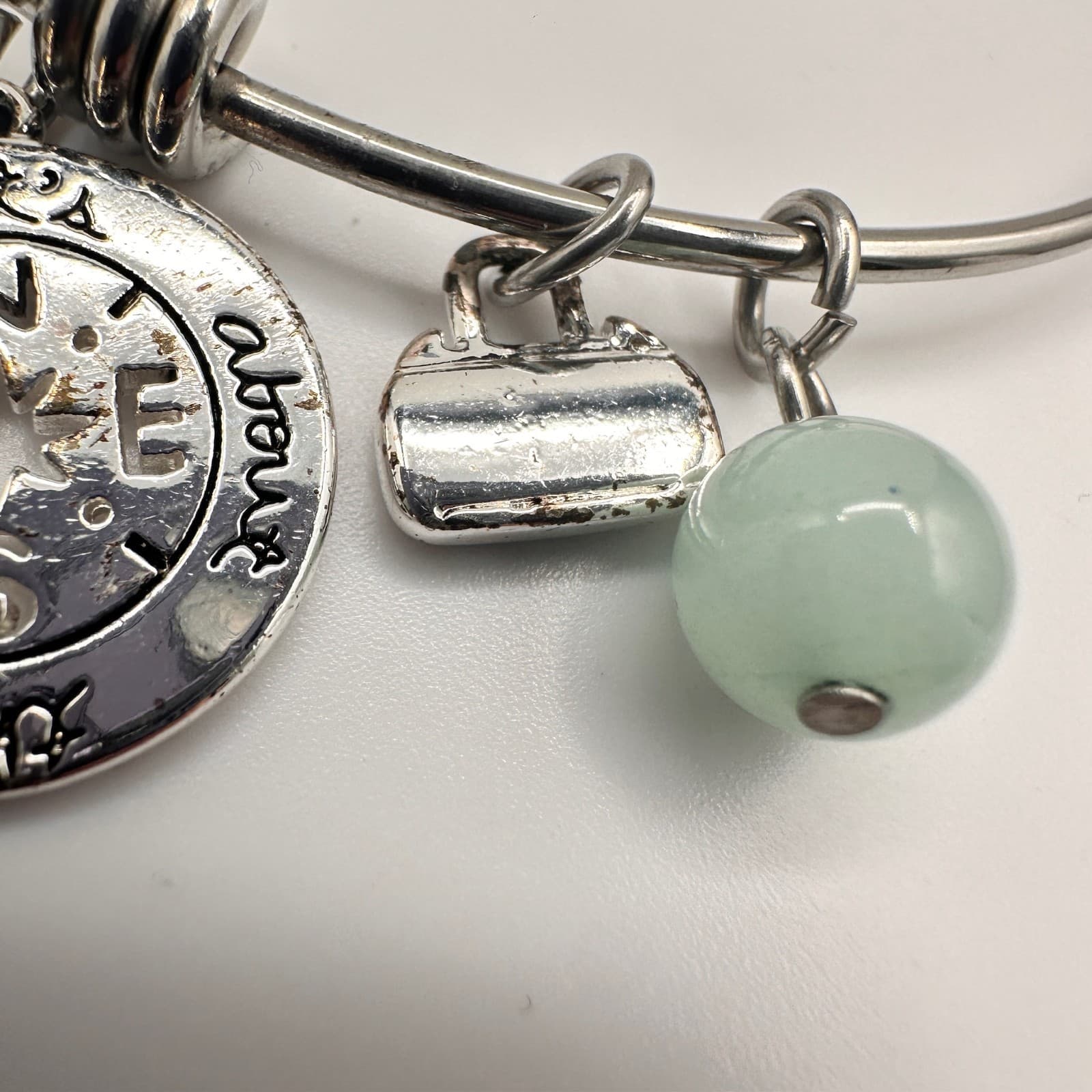 Vintage Y2K Silver Tone Charm Bracelet It’s About The Journey Green Bead Jewelry - Thumbnail 6
