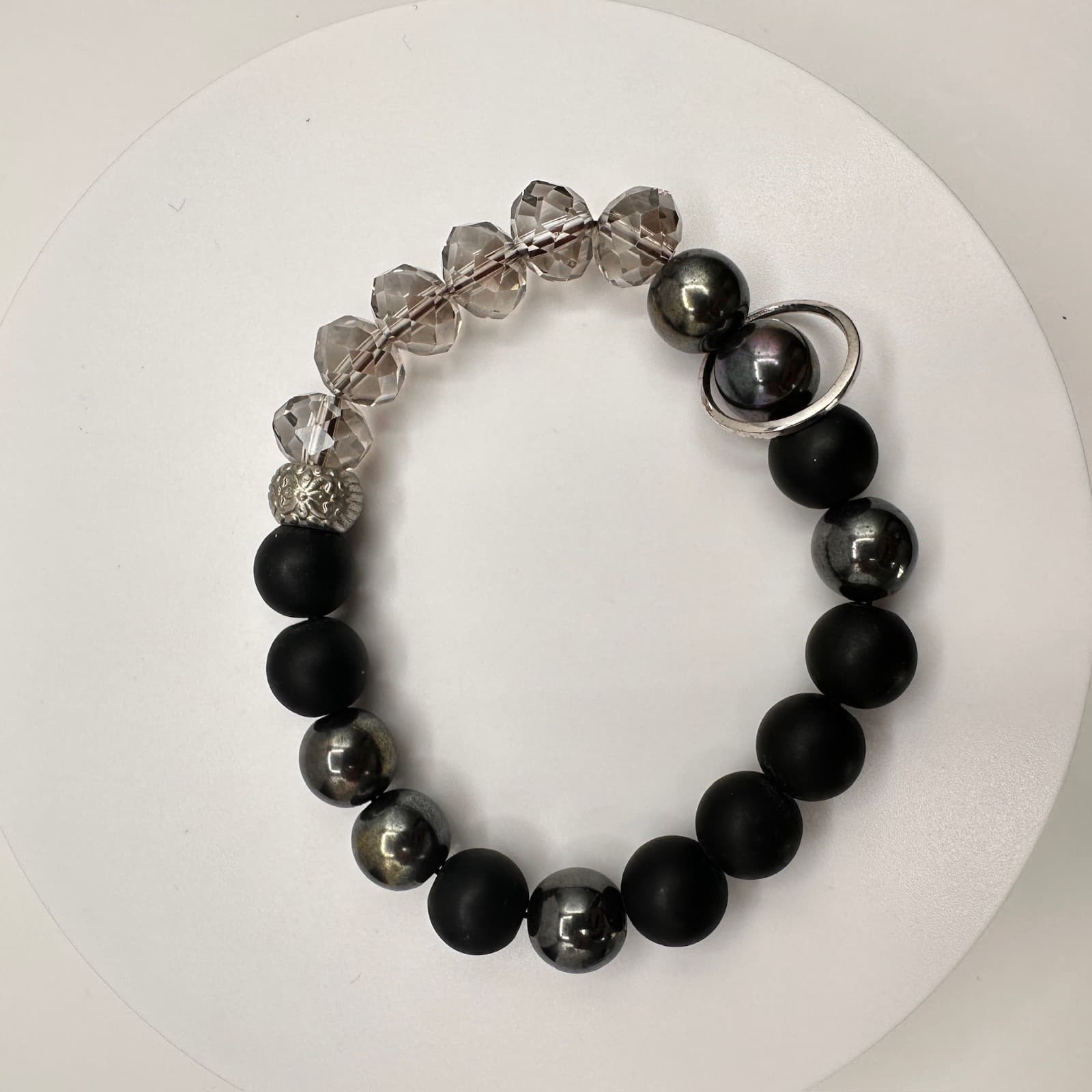 Vintage 80s Black Onyx Hematite Smoky Quartz Beaded Stretch Bracelet Boho - Thumbnail 8