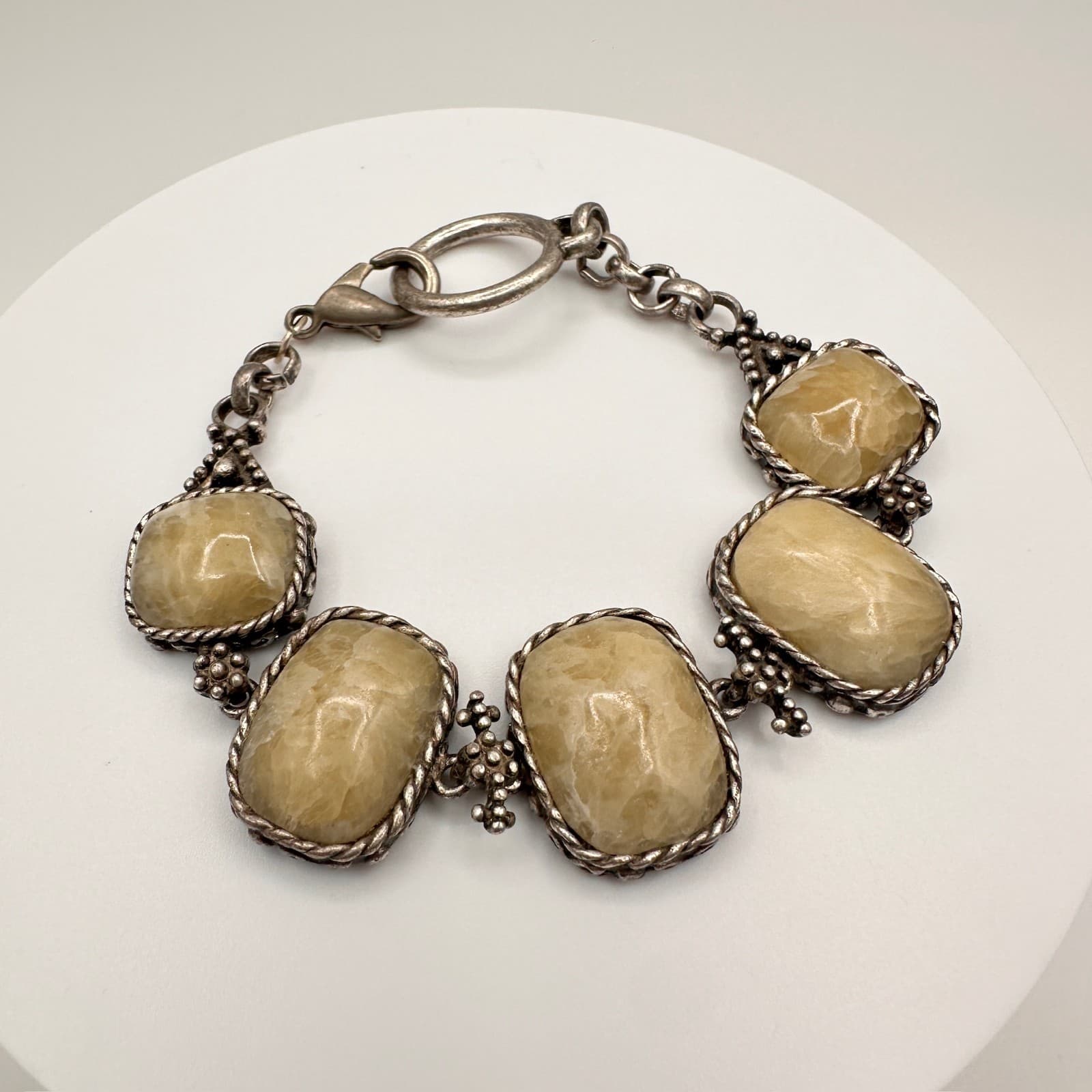 Vintage 90s Statement Link Bracelet Natural Yellow Quartz Silver Tone Chunky - Thumbnail 2