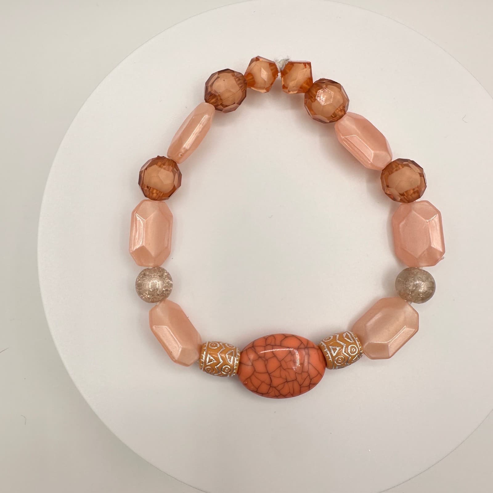 Vintage 90s Beaded Stretch Bracelet Orange Faux Turquoise Peach Glass Jewelry - Thumbnail 3