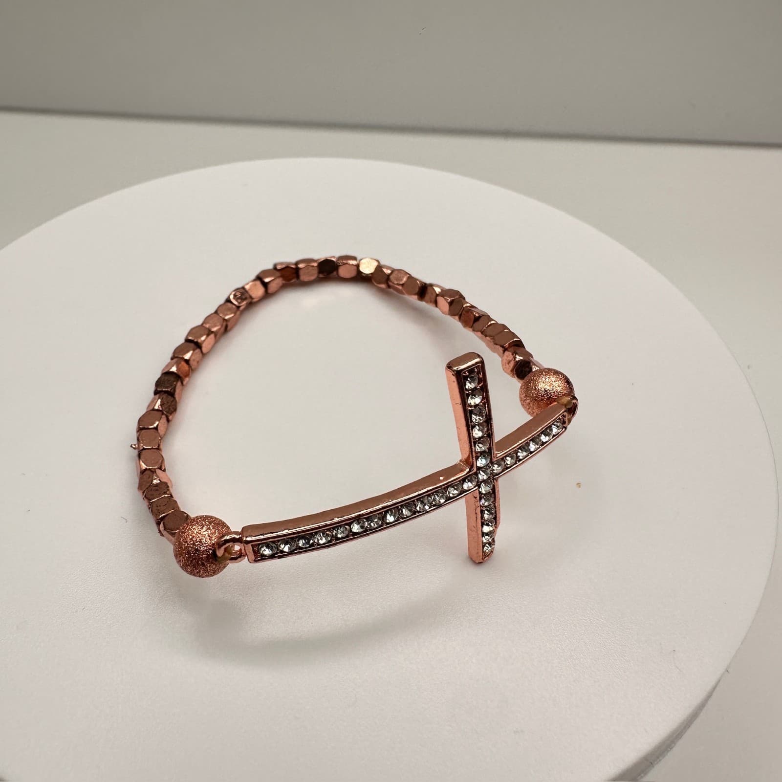 Vintage Y2K Rose Gold Tone Sideways Cross Bracelet Clear Rhinestone Beaded - Thumbnail 2