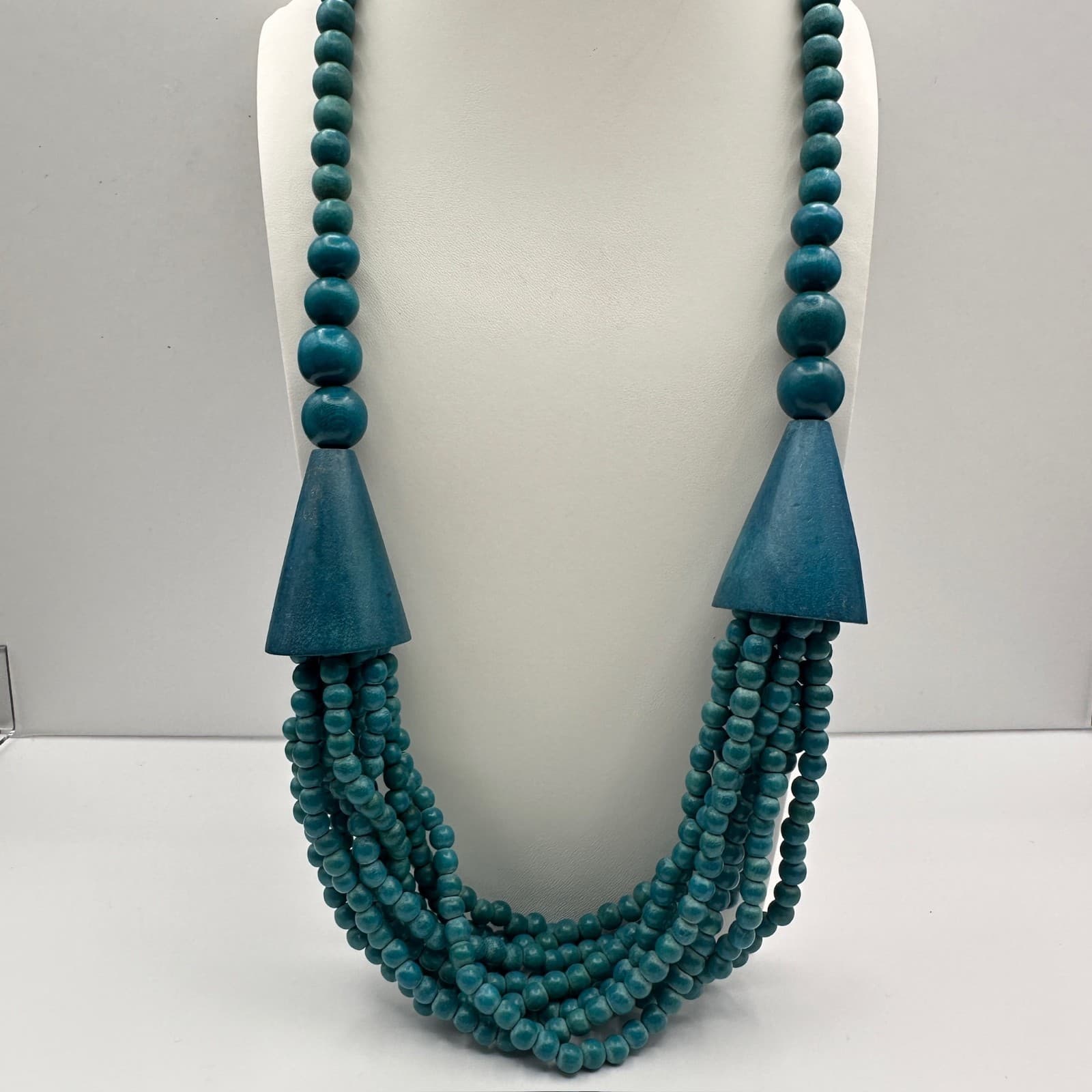 Vintage 80s Blue Wood Bead Multi Strand Statement Necklace Jewelry - Thumbnail 10