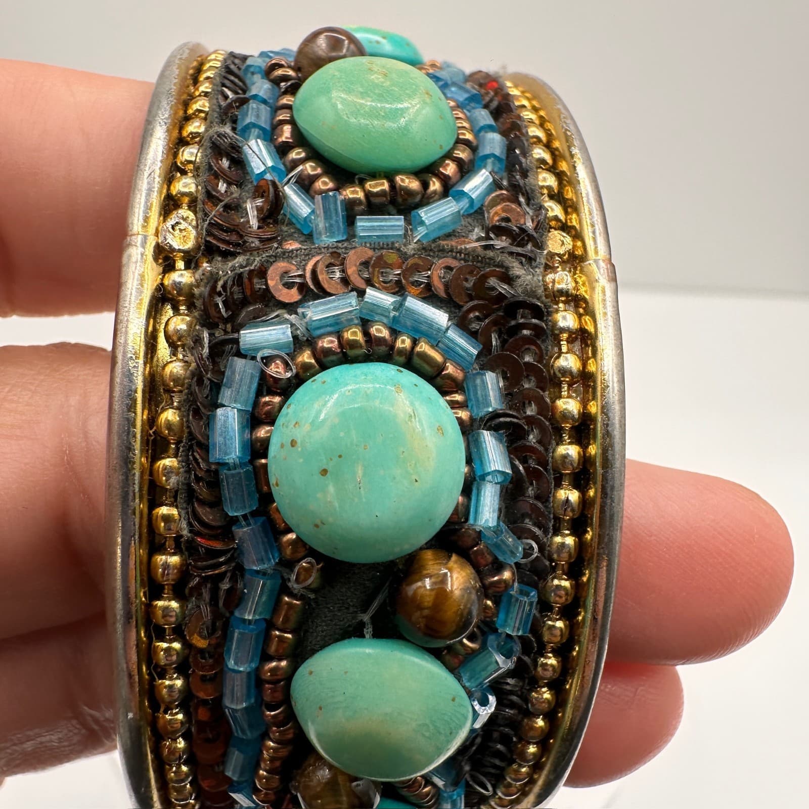 Vintage 90s Mixed Media Bangle Bracelet Turquoise Tiger Eye Glass Beaded Boho - Thumbnail 10