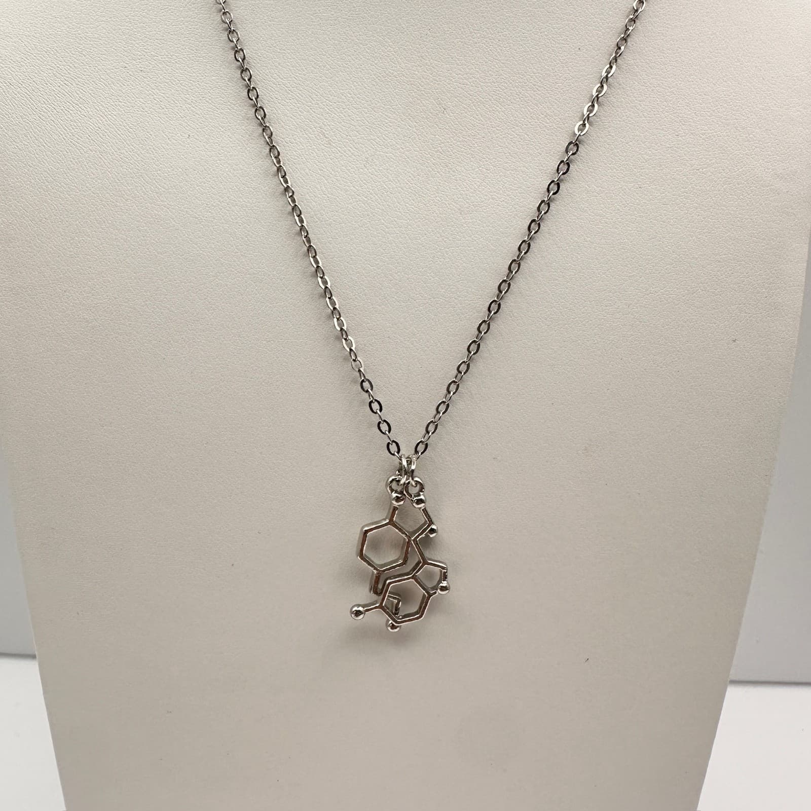 Vintage Y2K Serotonin Molecule Pendant Necklace Silver Tone Chemistry Jewelry - Image 1