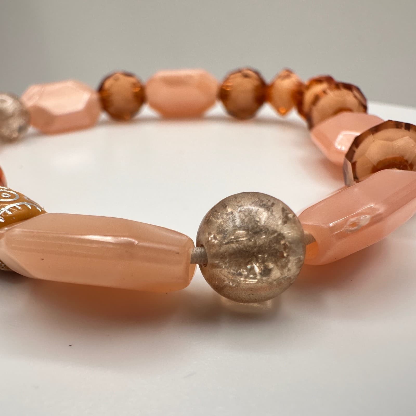 Vintage 90s Beaded Stretch Bracelet Orange Faux Turquoise Peach Glass Jewelry - Thumbnail 8