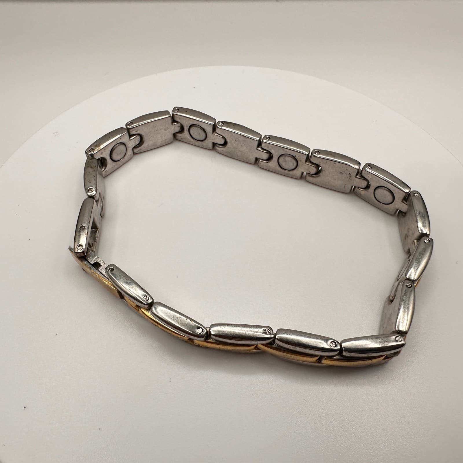 Vintage 80s Magnetic Therapy Bracelet Silver & Gold Tone Link Statement Mens - Thumbnail 2